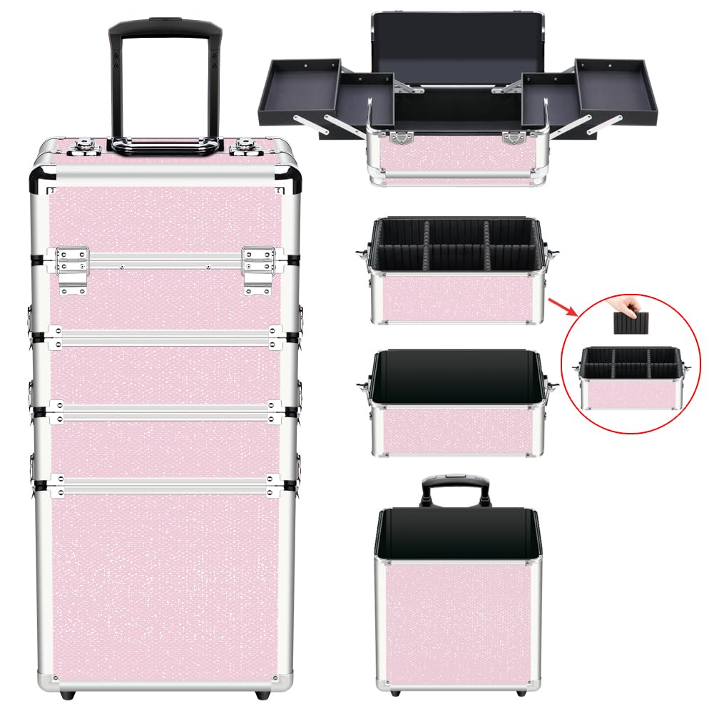 OUDMAY 4-in-1 Professional Makeup Train Case with Aluminum Frame & Folding Trays - Pink Diamond Cosmetic Organizer for Travel, Salon, and Home Beauty Storage