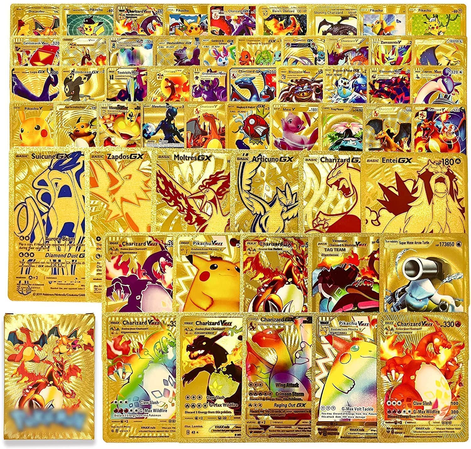 55 PCS Gold Foil Rare Pokemon TCG Cards Collection - 15 VMAX, 14 V Series, 11 GX, 1 DX Charizard, 2 EX, 1 Mystery & 11 Common Cards (No Duplicates) - Perfect for Trading, Collecting & Competitive Play