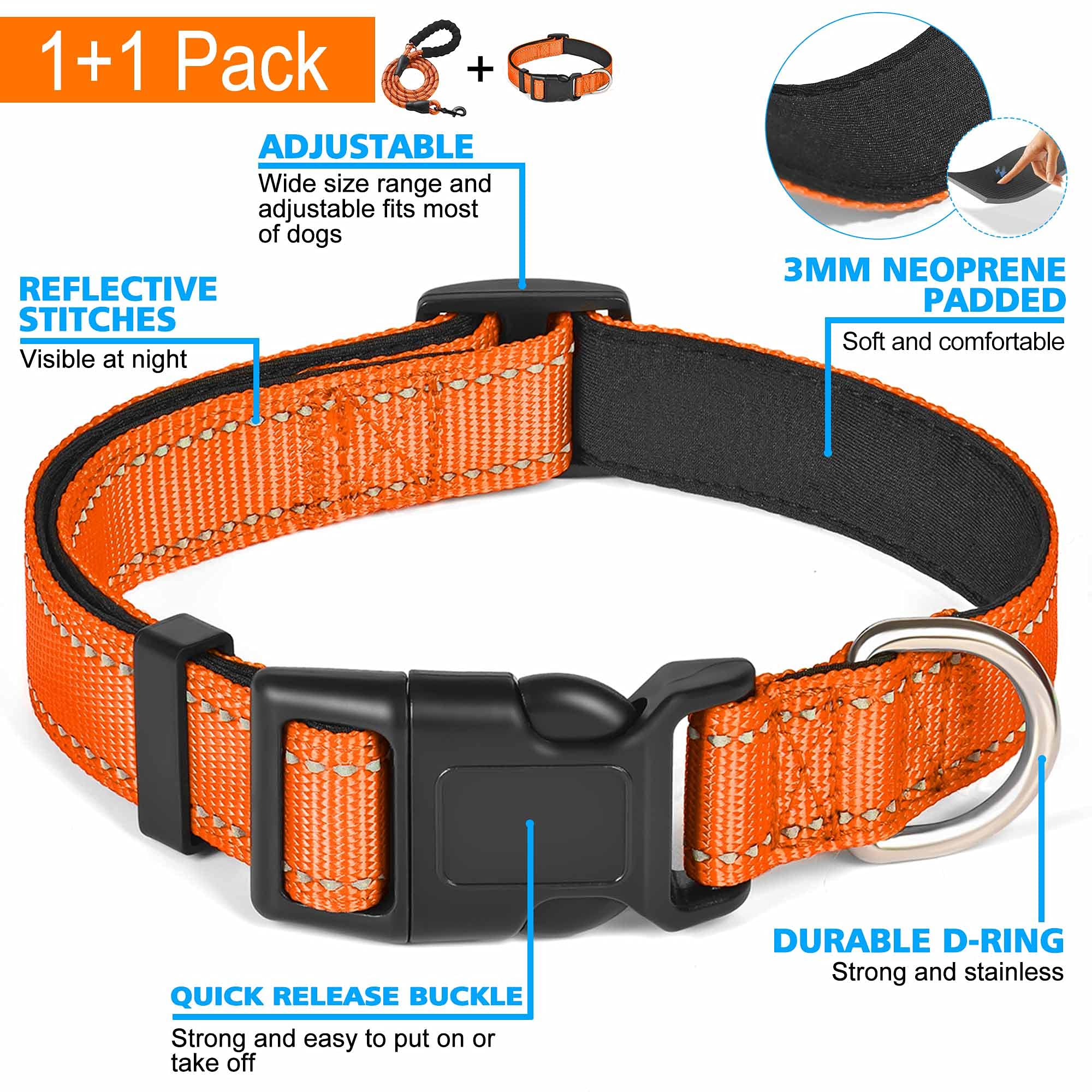 Reflective Padded Dog Collar with Soft Neoprene - Breathable Adjustable Nylon Collar for Small Medium Large Dogs (Orange Collar+Leash) - Perfect for Night Walks, Jogging & Outdoor Adventures