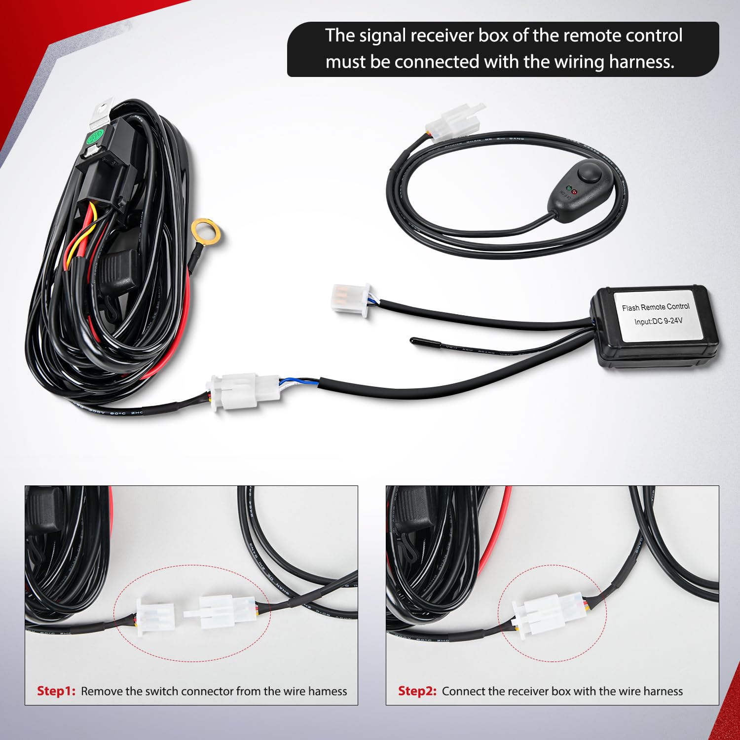 16AWG Wire Harness Kit with Remote Controller Switch - 2 Leads, 3 Fuses & 4 Spade Connectors for Car Audio, LED Lights & 12V Electrical Systems