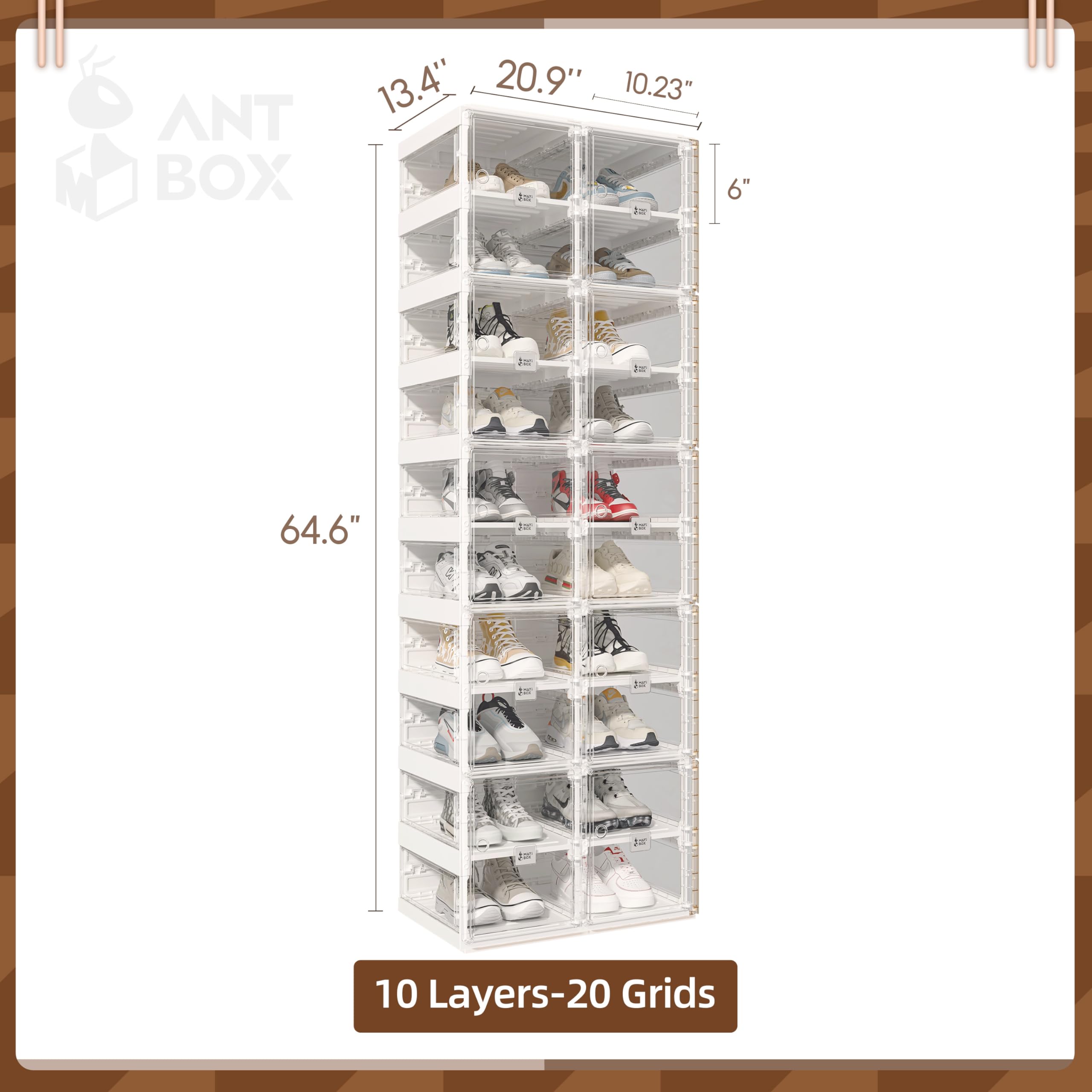 Foldable Shoe Rack Organizer - 10-Tier Stackable Plastic Shoe Storage Cabinet with Magnetic Clear Doors, Holds 20 Pairs - Space Saving Closet & Entryway Solution for Sneakers, Boots & Heels - Perfect for Small Apartments, Dorm Rooms & Mudroom Organization
