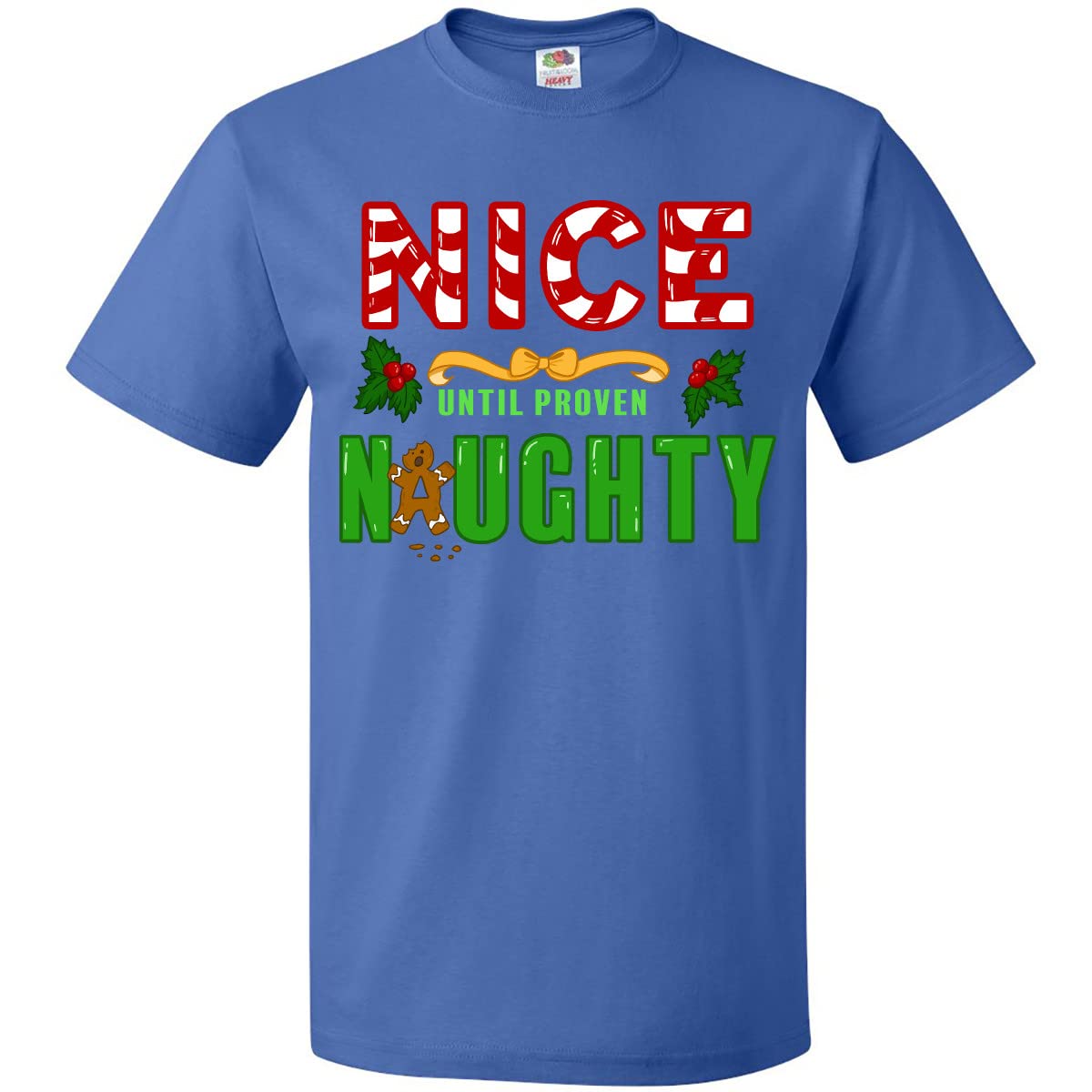 Inktastic Nice Until Proven Naughty with Holly and Gingerbread Man Graphic Tee - Funny Christmas Holiday T-Shirt for Men & Women - Perfect for Parties, Gifts & Festive Outfits