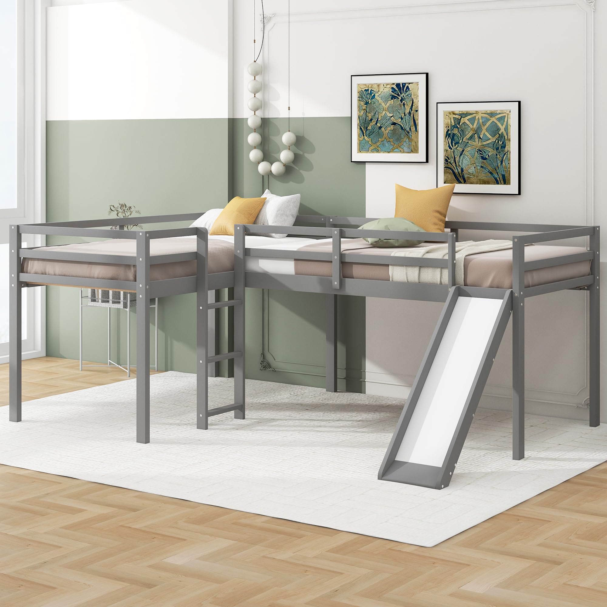 Harper & Bright Designs Twin L-Shaped Loft Bed with Slide - Grey Wooden Bunk Bed for Kids & Teens - Country Style Loft Bed with 200 Lbs Weight Capacity - Perfect for Small Bedrooms, Playrooms & Dorm Rooms