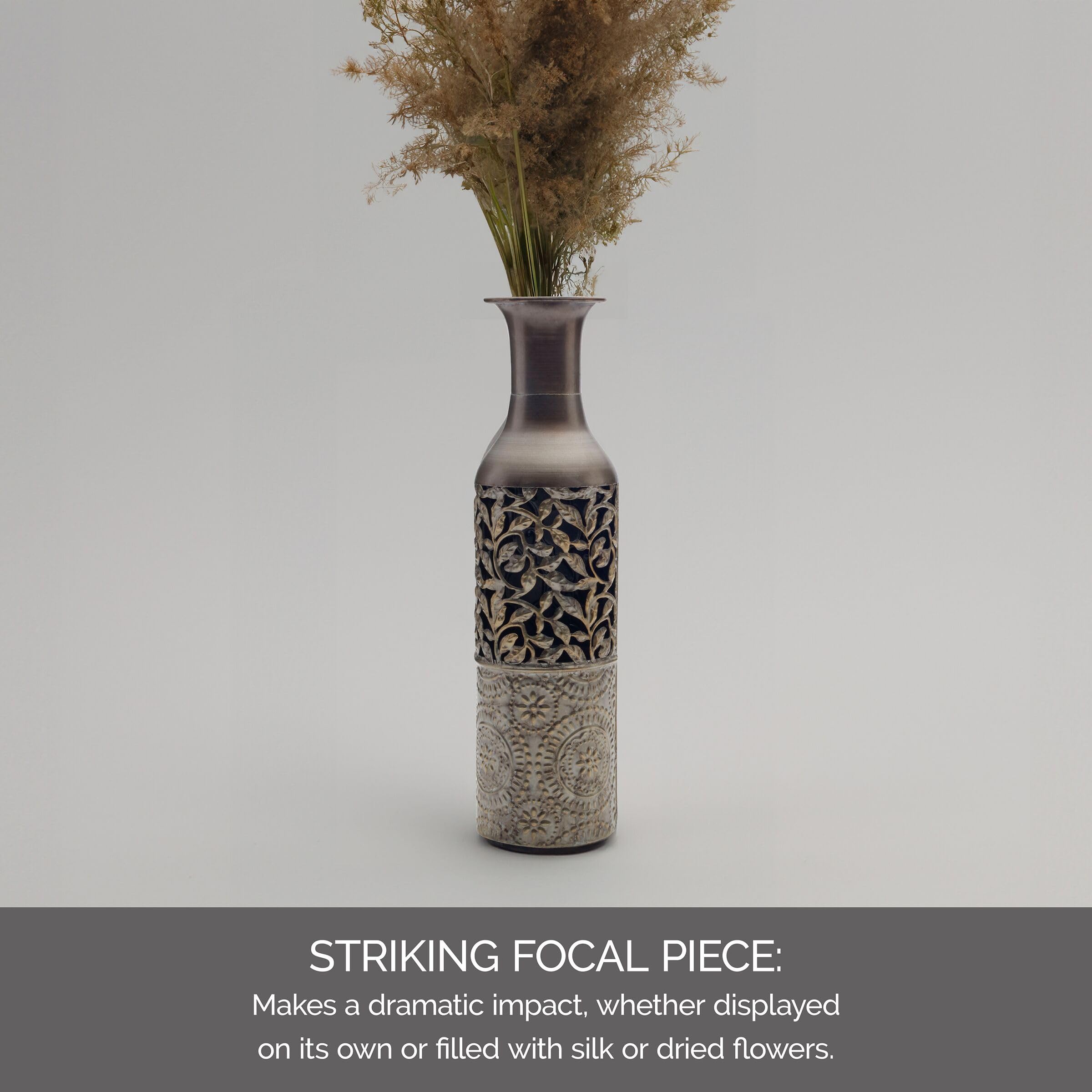 Elements 5181406 Embossed Decorative Metal Vase - 17 Inch Silver Flower Vase for Home Decor, Wedding Centerpiece & Luxury Table Decorations