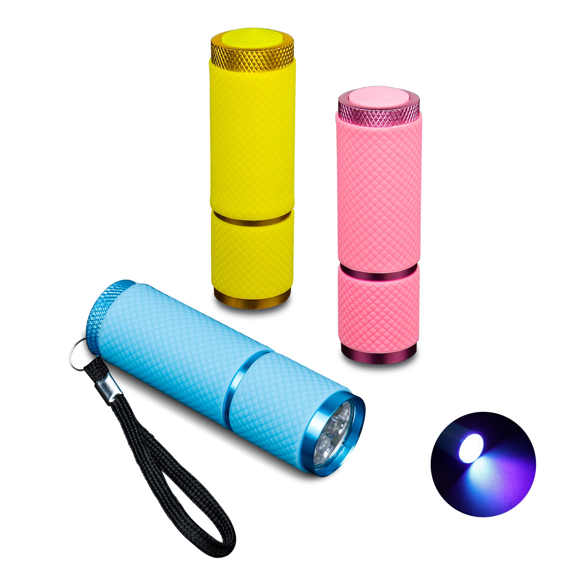 Pearwow 3 Pack LED Flashlight - Small UV Lamp with 9 LEDs for Nail Gel Drying, Portable Mini Flashlight for Hiking, Camping & Emergency Use