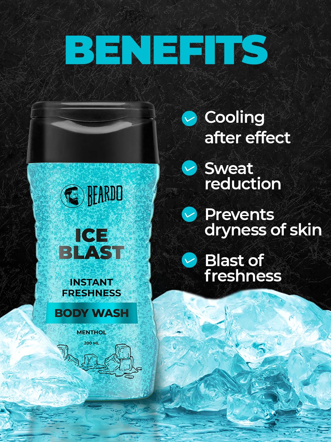 Beardo Ice Blast Menthol Cooling Body Wash for Men - 200ml Refreshing Shower Gel with Instant Icy Freshness | Hydrates Dry Skin | Perfect for Summer Heat & Post-Workout Cool Down