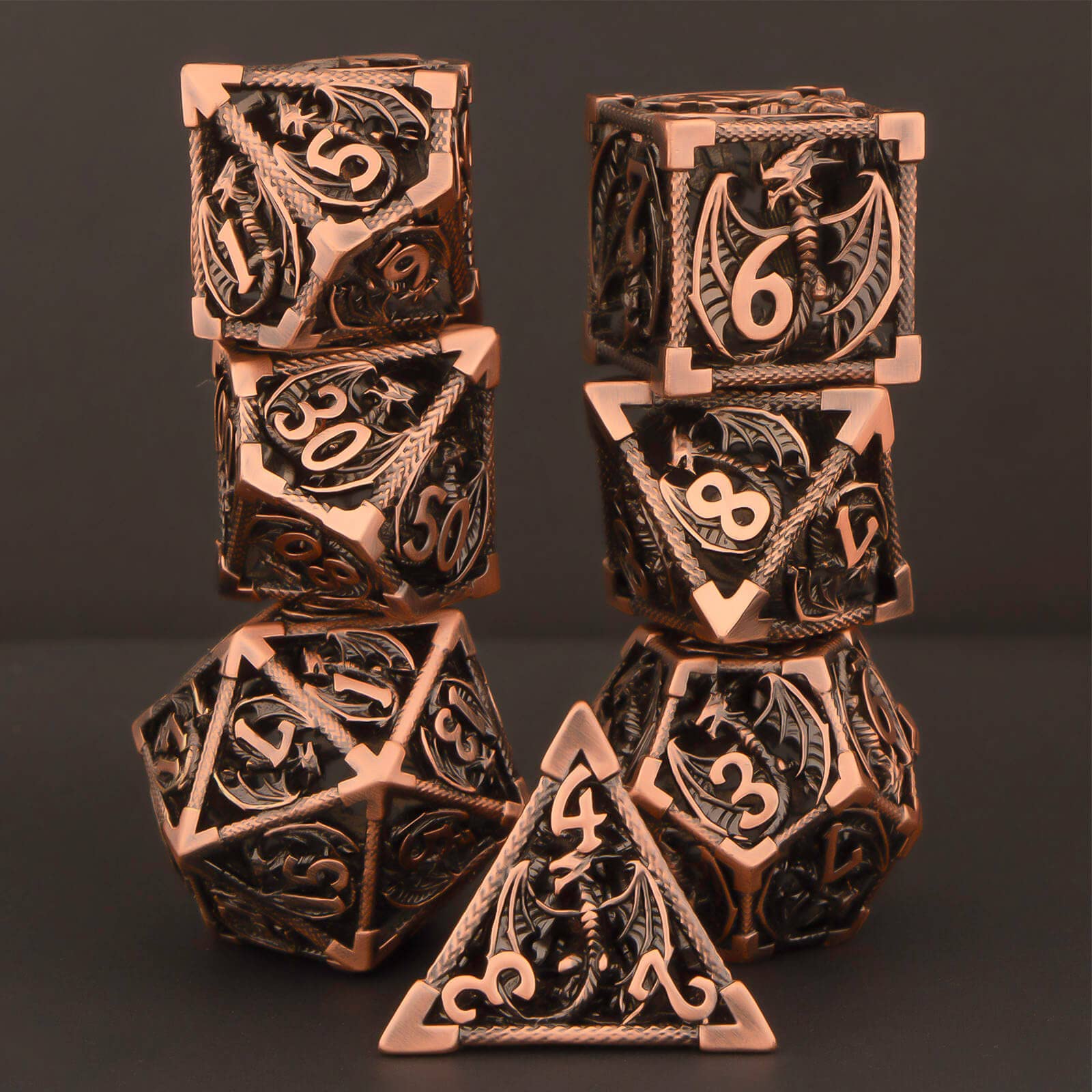 KERWELLSI 7-Piece Hollow Metal DND Dice Set - Copper Polyhedral RPG Dice for Dungeons & Dragons (D20, D12, D10, D8, D6, D4) with Gift Box | Perfect for Tabletop Gaming, Role-Playing Adventures & Collector Displays
