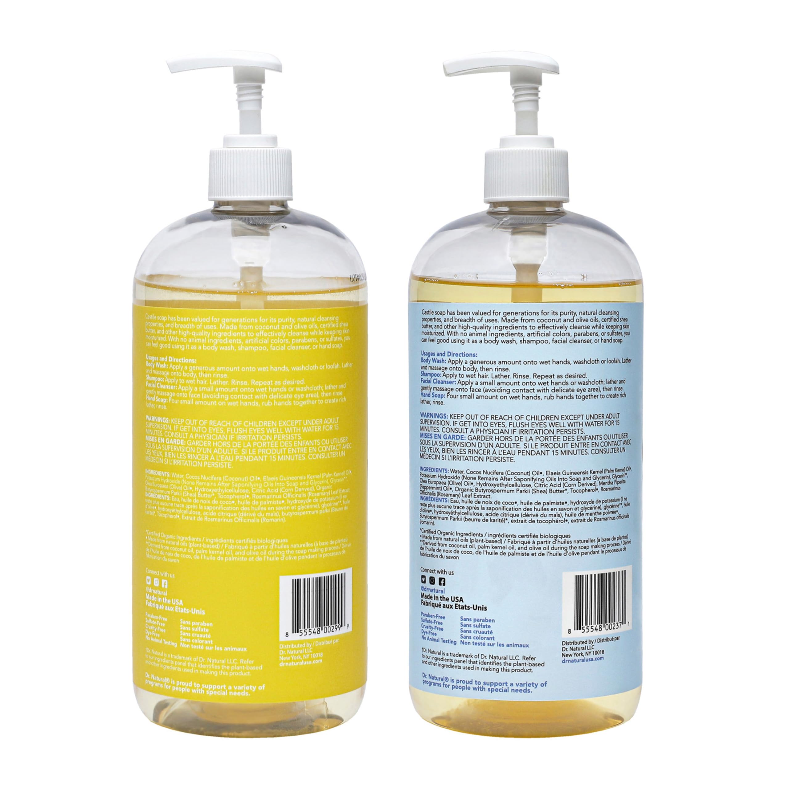 Dr. Natural Castile Liquid Soap Set - Organic Multi-Purpose Body Wash, Shampoo & Facial Cleanser - Hydrating for Skin, Hair, Pets & Home - Peppermint & Fragrance-Free Baby Safe - 32oz - Perfect for Travel, Camping & Eco-Friendly Household Use