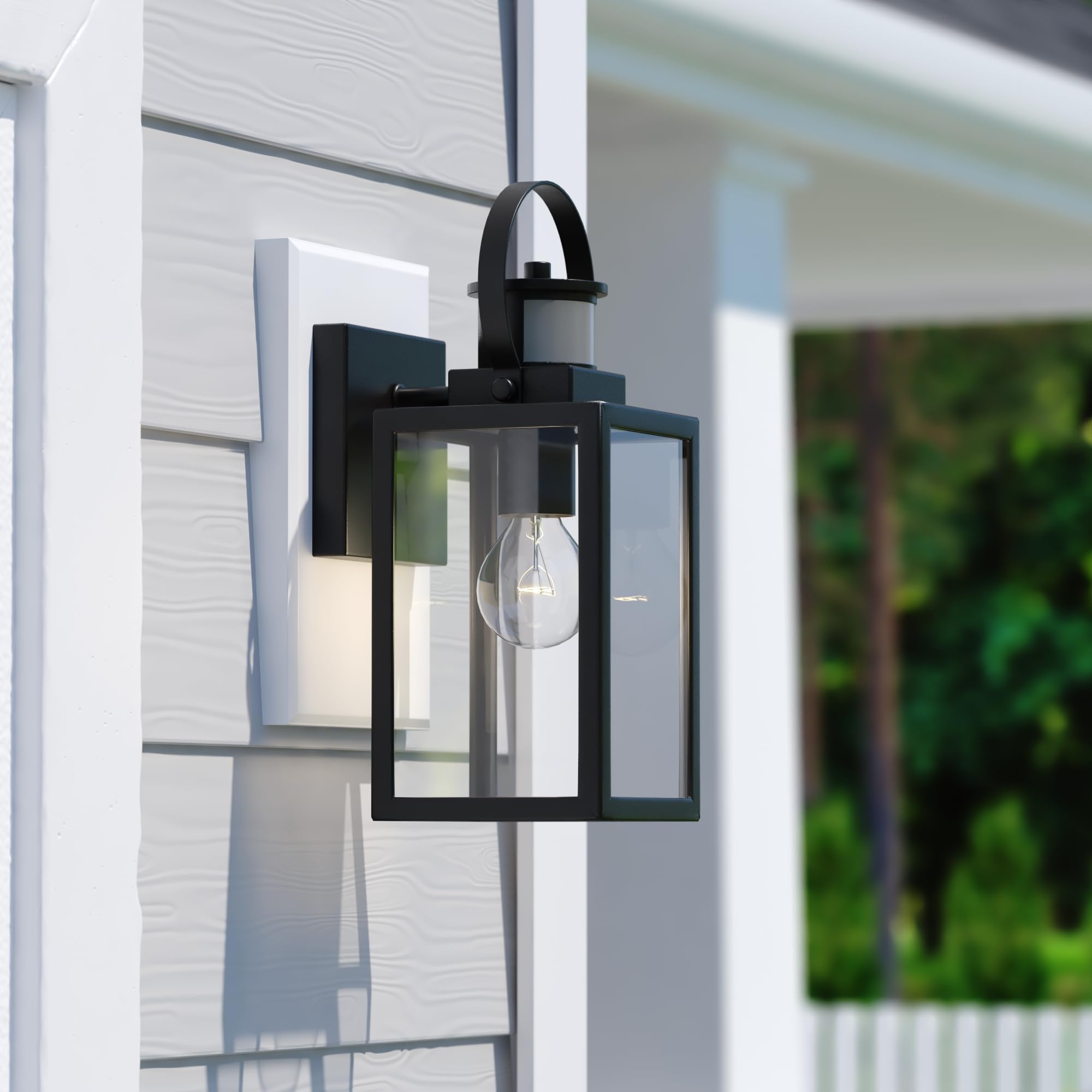 VAXCEL Medinah 1-Light Black Outdoor Wall Lantern with Motion Sensor & Dusk to Dawn - Clear Glass - Weatherproof Exterior Light for Porch, Garage, and Entryway Security