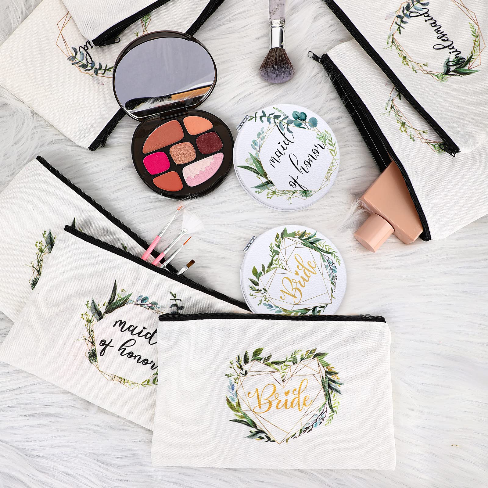 8 Pack Bridesmaid Proposal Gifts - Floral Round PU Leather Compact Makeup Mirrors for Women, Perfect for Bridal Shower, Wedding & Maid of Honor Gifts (Great for Travel & Touch-Ups)