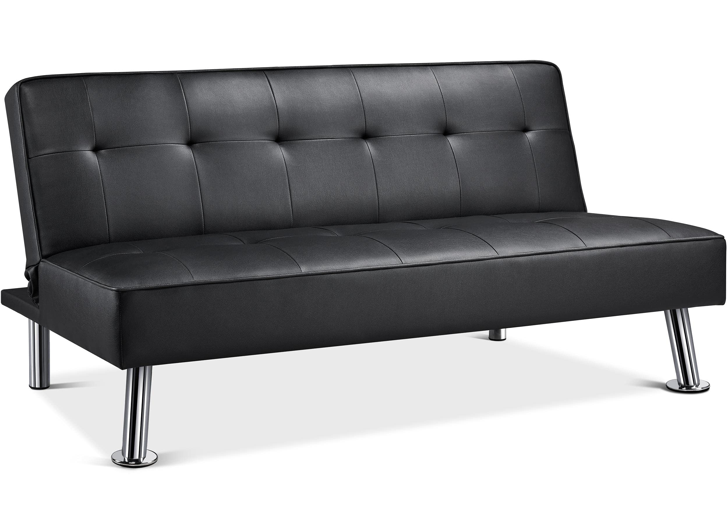 Topeakmart Tufted Faux Leather Convertible Sofa Bed - Foldable Sleeper Couch with Recliner Function, Black - Perfect for Small Spaces, Guest Rooms & Apartments