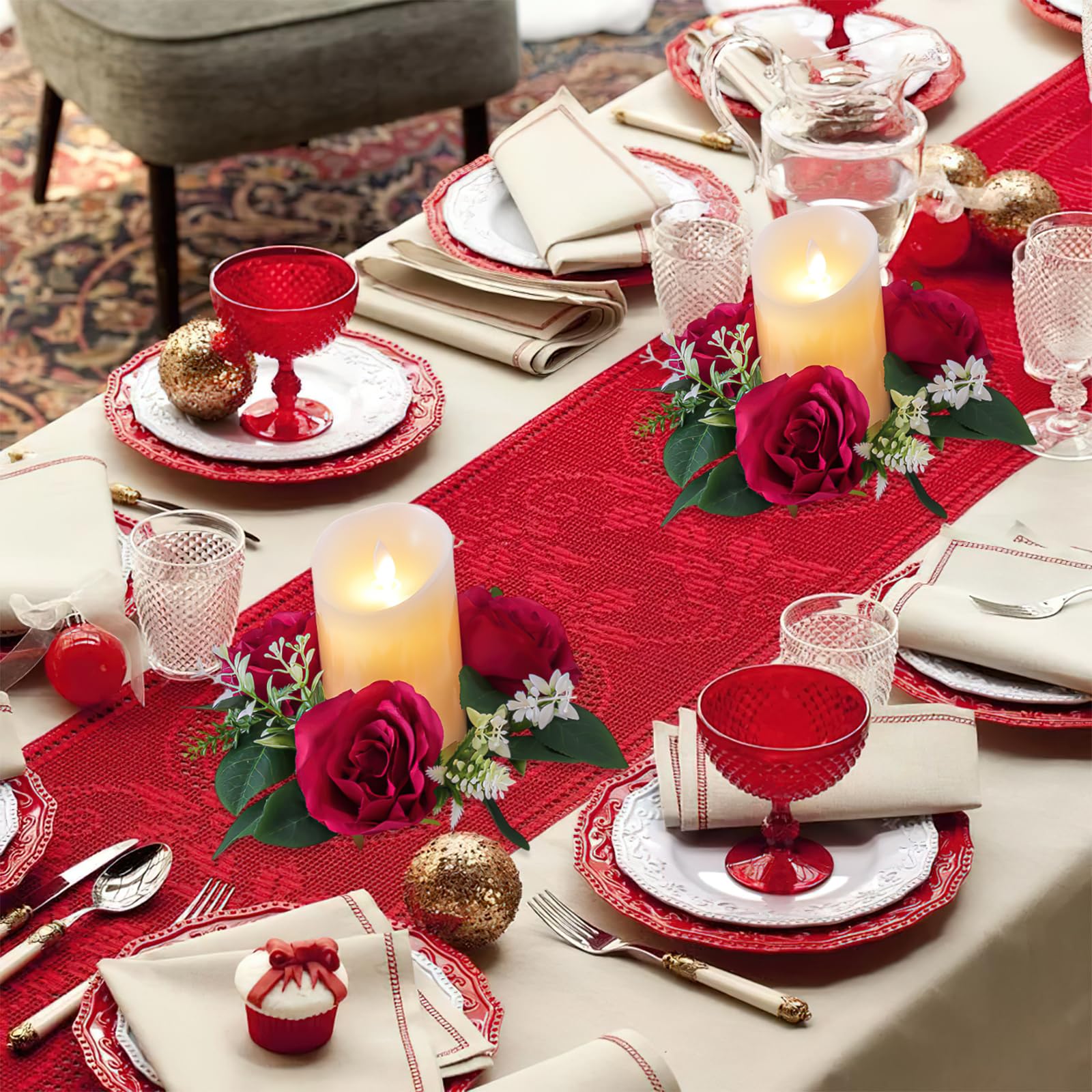 Valentine's Day Red Rose Candle Ring Wreath - Artificial Silk Rose Flowers with Green Leaves for Wedding, Home Party, Table Centerpiece Decor - Romantic Candle Holder Wreath for Anniversary, Dinner Party & Holiday Decorations