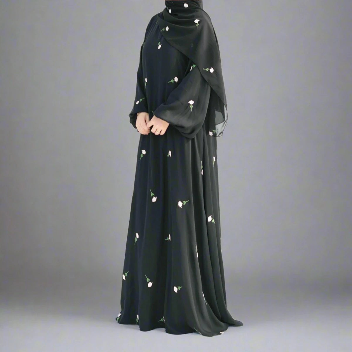Elegant Floral Embroidery Nida Abaya Dress #25931 - Modest Islamic Fashion for Women, Perfect for Eid, Wedding & Special Occasions
