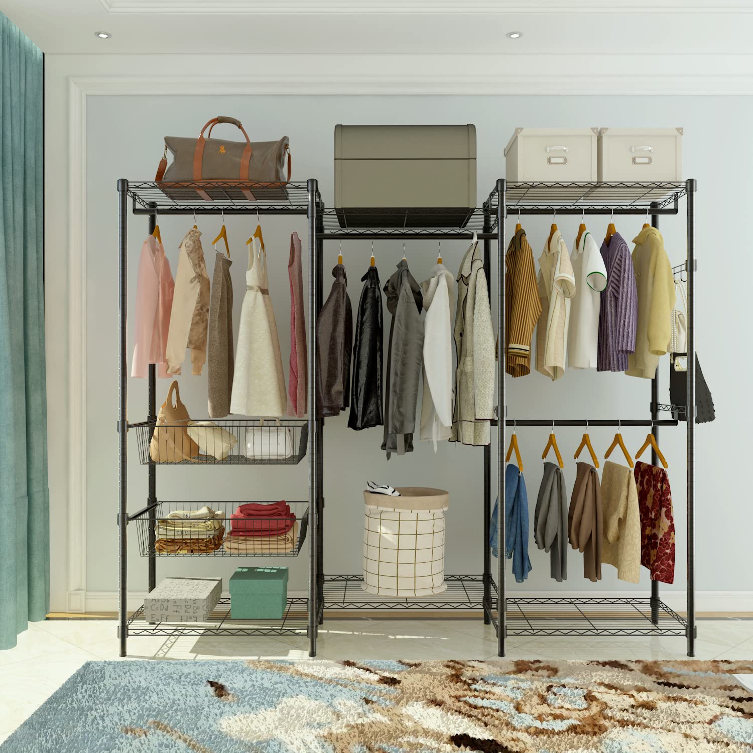 Adjustable Double Hanging Rod Garment Rolling Closet Organizer Rack - Freestanding Portable Wardrobe Clothes Rack with 4 Shelves - Black | Perfect for Small Spaces, Apartments, Dorms & Closet Organization