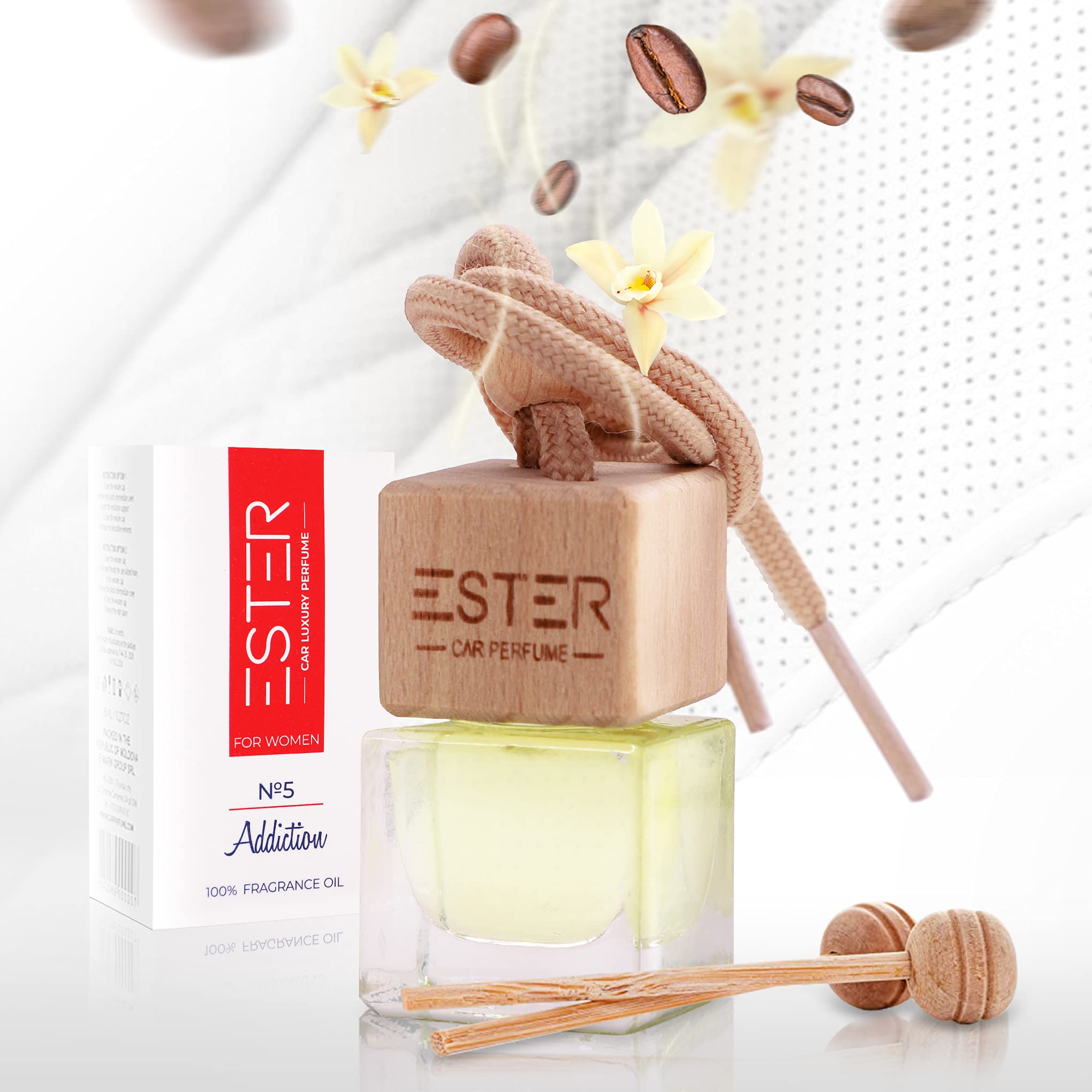 Luxury Car Perfume Air Freshener for Women - №5 Addiction Essential Oil Diffuser with Reed Sticks - 1 Fl Oz Long-Lasting Scent - Floral, Fruity, Balsamic, Sweet & Musk Aromas - Perfect for Car, Office, Home & Gift Giving