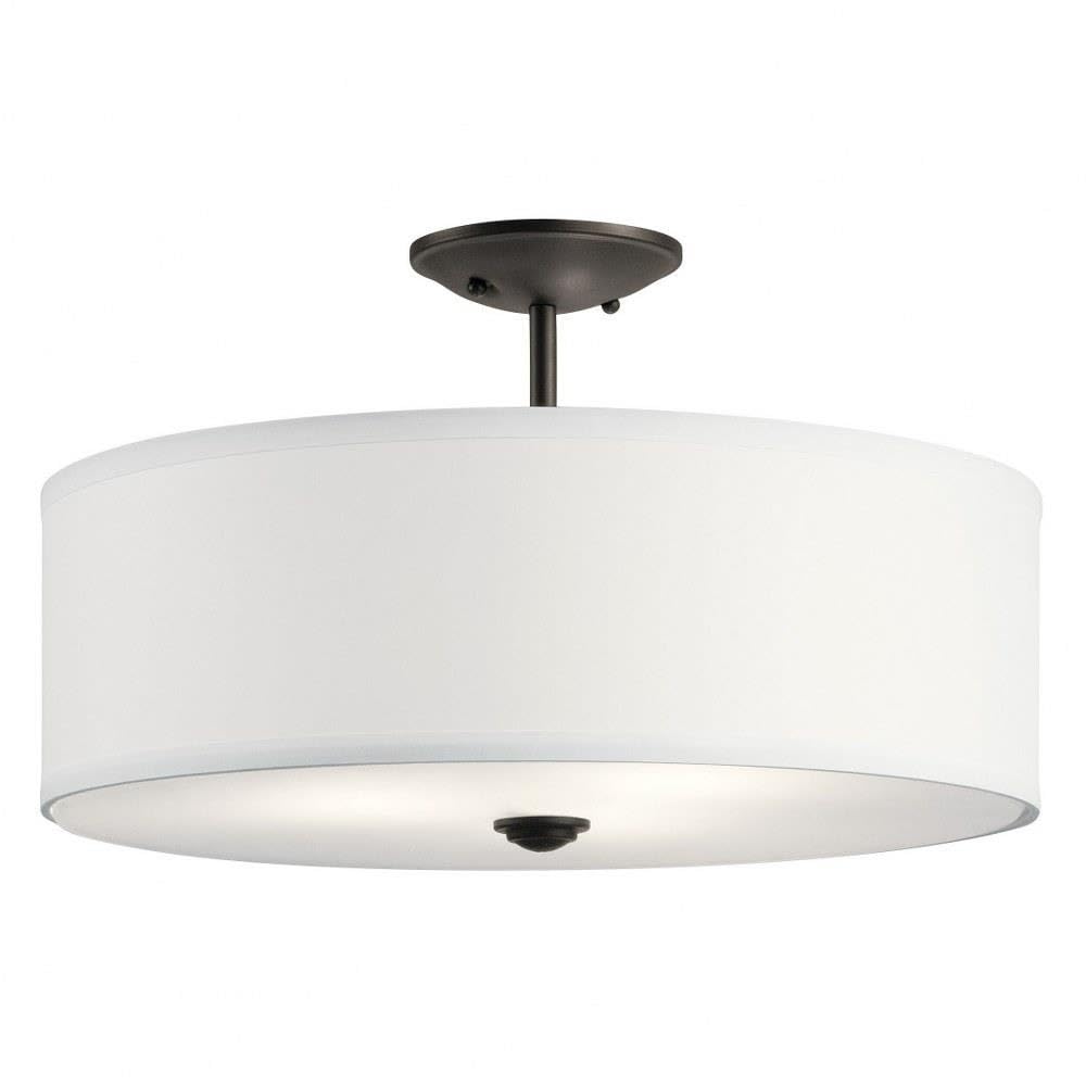 Kichler Shailene 18-Inch 3-Light Round Semi-Flush Mount Ceiling Light with Satin Etched White Glass Diffuser & White Microfiber Shade in Olde Bronze Finish - Perfect for Bedroom, Dining Room, and Hallway Lighting