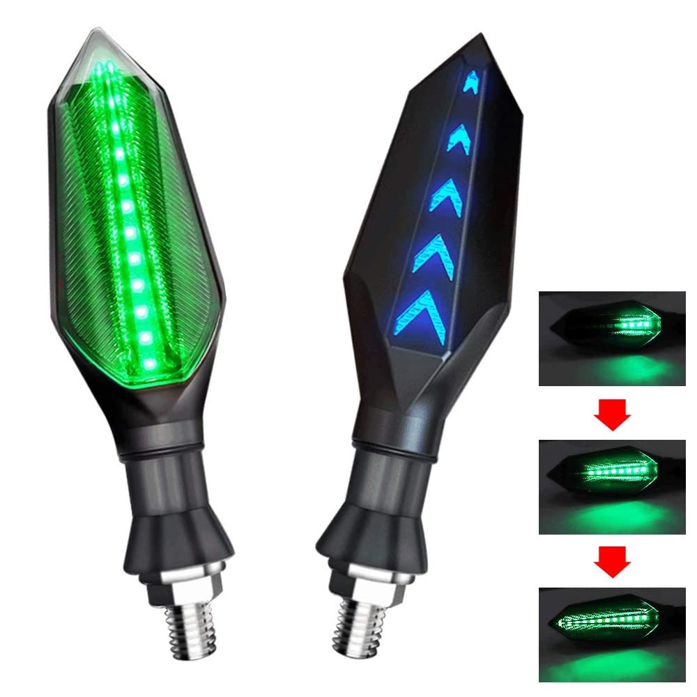 Universal Motorcycle LED Turn Signal Lights - 2-Pack Dual Color (Green Flowing/Blue) Front & Rear Indicators with 17 LEDs, 12V Waterproof for Daytime Running - Perfect for Harley, Honda, Yamaha & Other Cruiser Bikes