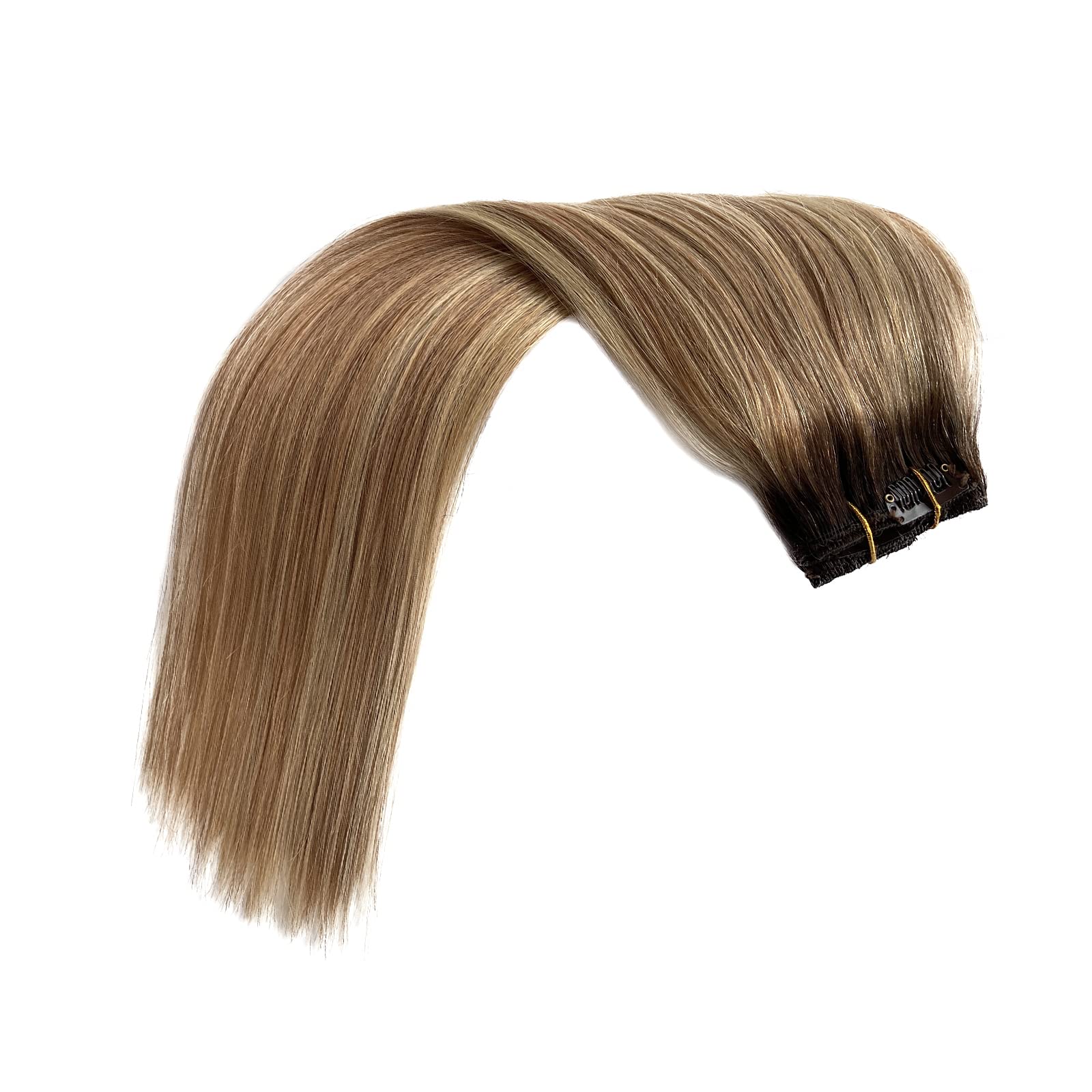 Chocolate Brown to Golden Brown Clip in Hair Extensions with Blonde Highlights - 7 Pcs 70G Remy Human Hair Double Weft Straight Extensions for Women - 20