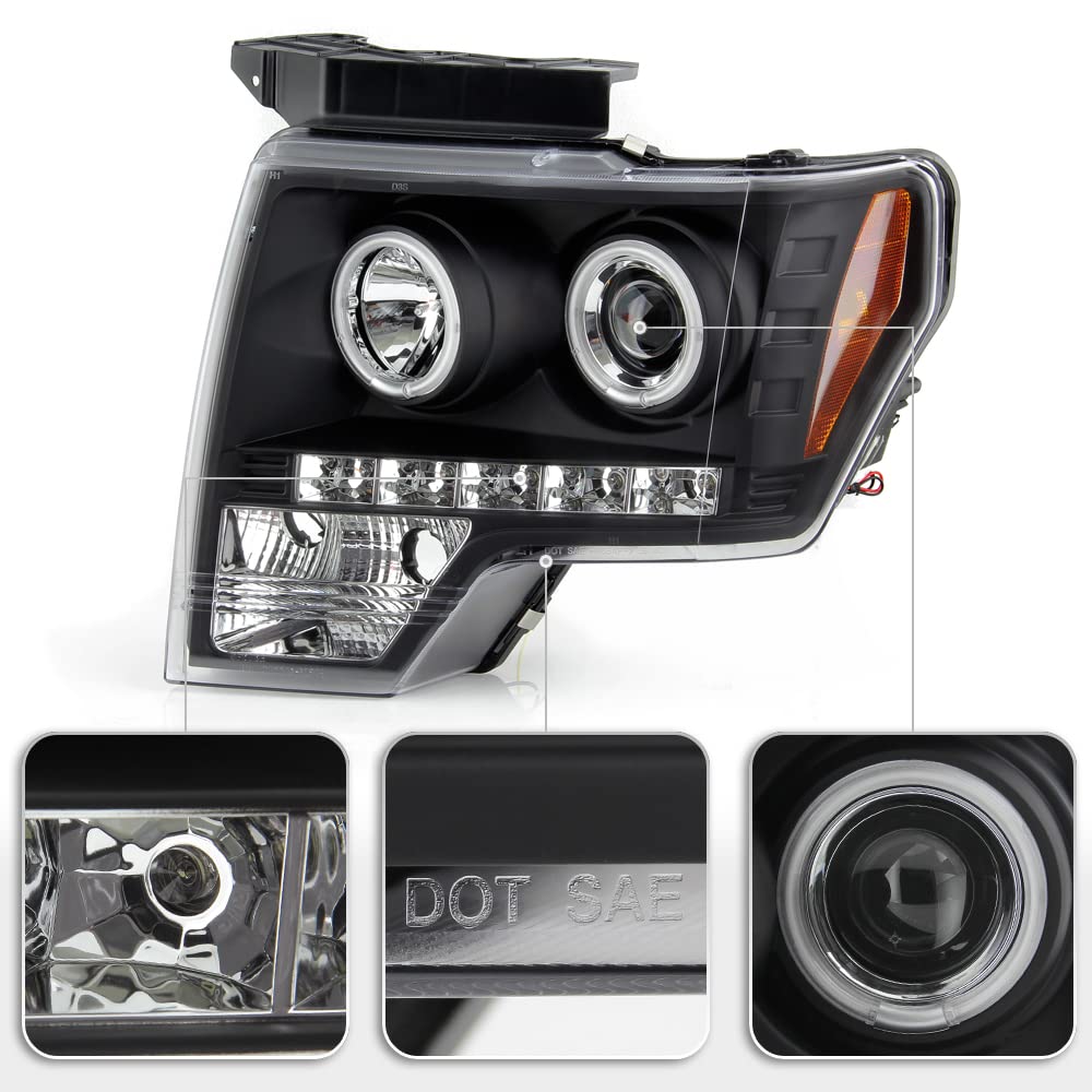 ACANII LED CCFL Halo Black Housing Projector Headlights for 2009-2014 Ford F150 - Driver & Passenger Side - Upgrade Your Truck's Lighting for Night Driving & Off-Road Adventures