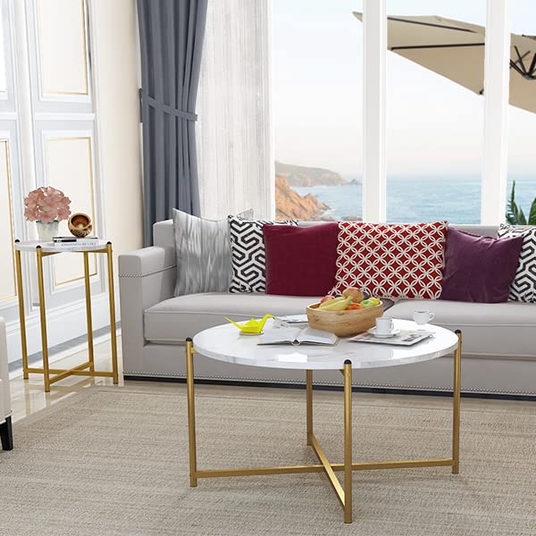 Lamerge 3-Piece Coffee Table Set - Modern Faux Marble Top with Gold Metal Frame, 1 Coffee Table & 2 Side Tables, White & Gold Living Room Furniture for Apartments, Offices - Perfect for Entertaining, Reading Nooks & Small Spaces (LCTR-W)