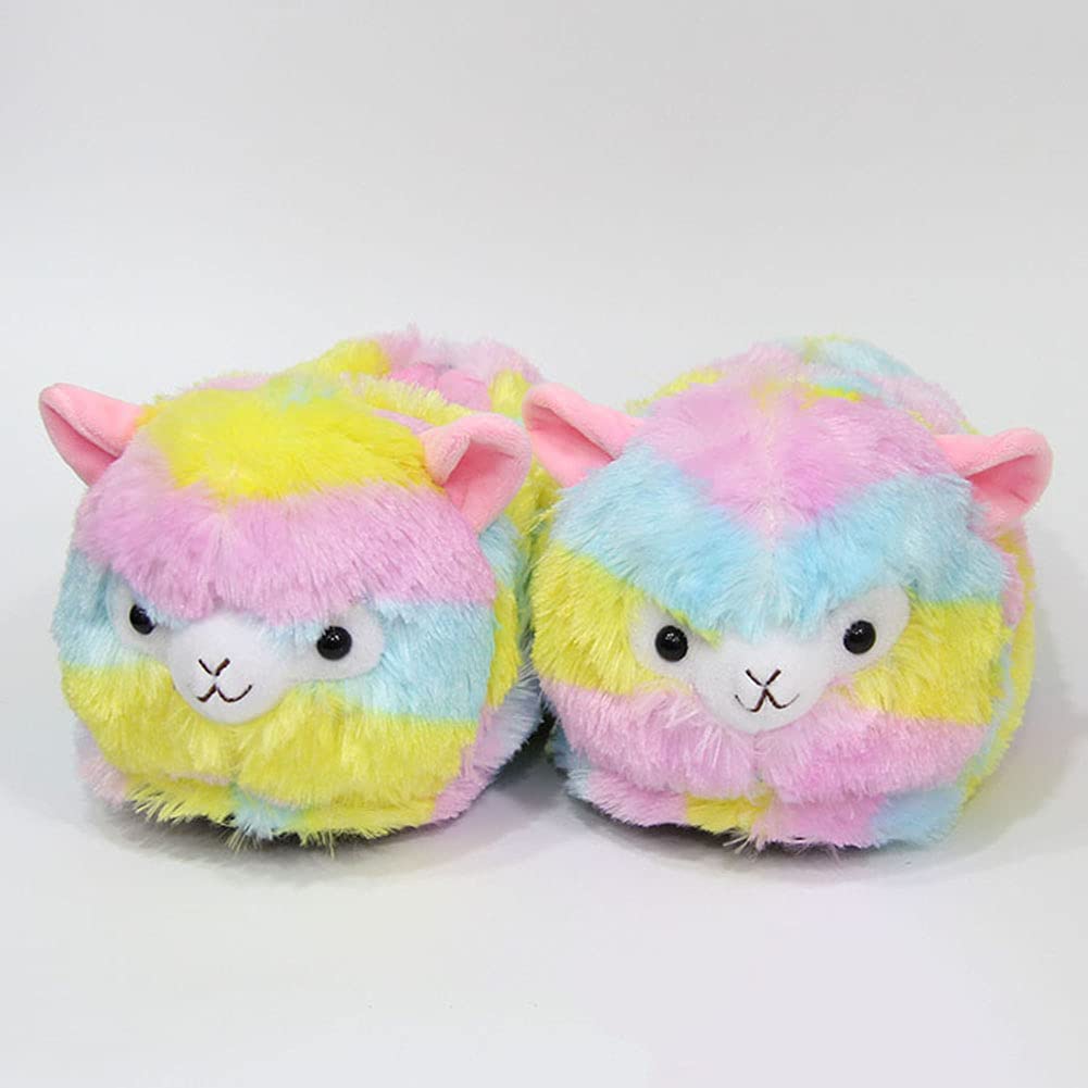 Warm Fuzzy Alpaca Slippers for Women - Soft Plush Animal House Shoes with Heel Cover in Rainbow Colors | Cozy Indoor Footwear for Winter, Lounge Wear & Gift Ideas