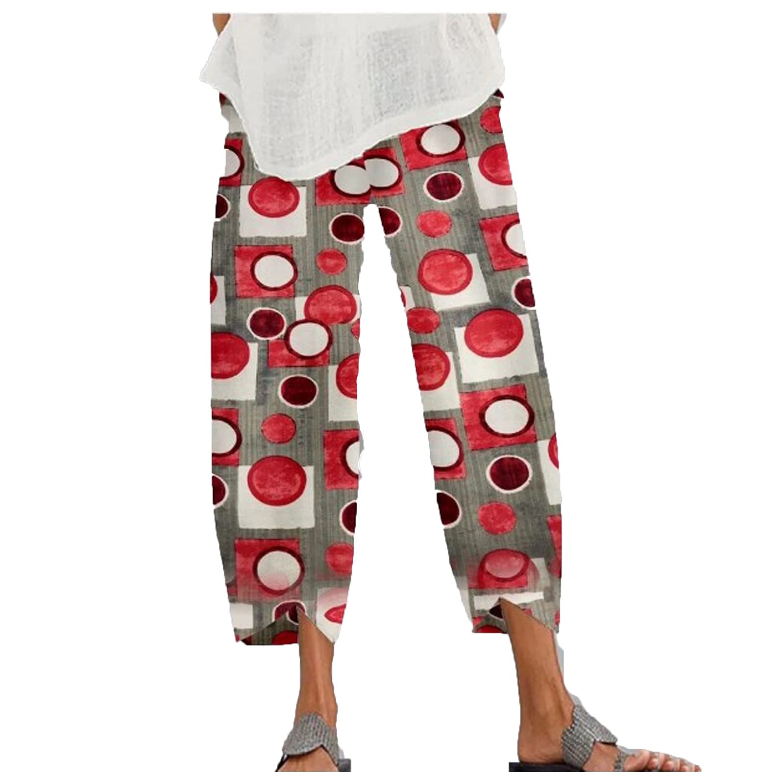 Women's Retro Geometric Print Cotton Linen Elastic Waist Capri Pants - Comfortable Stretch Travel Pants for Casual Wear, Summer Outfits & Beach Vacations