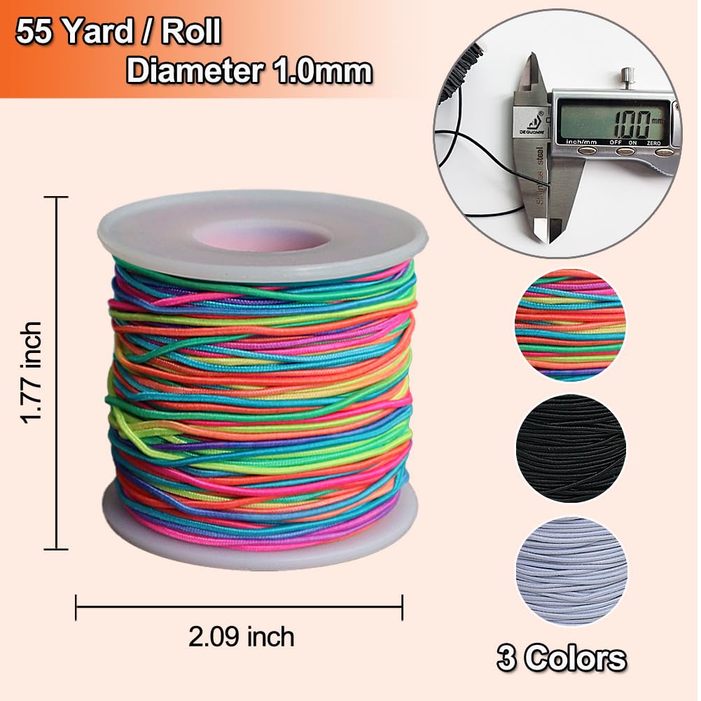 **1mm Elastic Cord for Bracelet Making - Stretchy Beading String for Pony Beads & Jewelry DIY - 3 Rolls (Black, Rainbow, White) - Perfect for Crafting, Friendship Bracelets & Kids' Bead Projects**