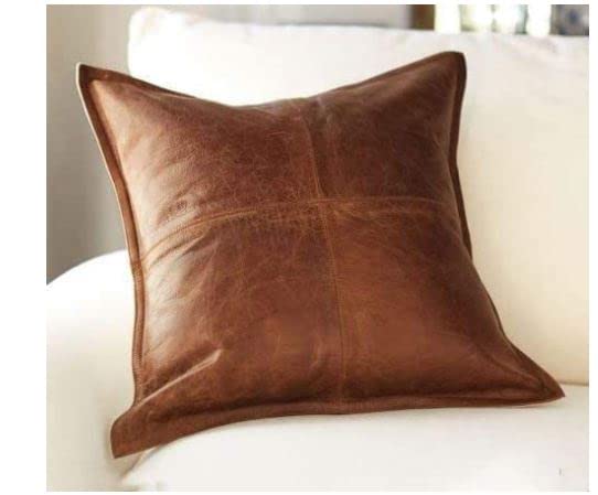 Premium Lambskin Leather Pillow Cover Set of 2 - 20x20 Inch Sofa Cushion Case - Luxury Decorative Throw Covers for Living Room, Bedroom - Tan Antique Box Design - Perfect for Home Decor, Gift Giving & Cozy Interior Styling