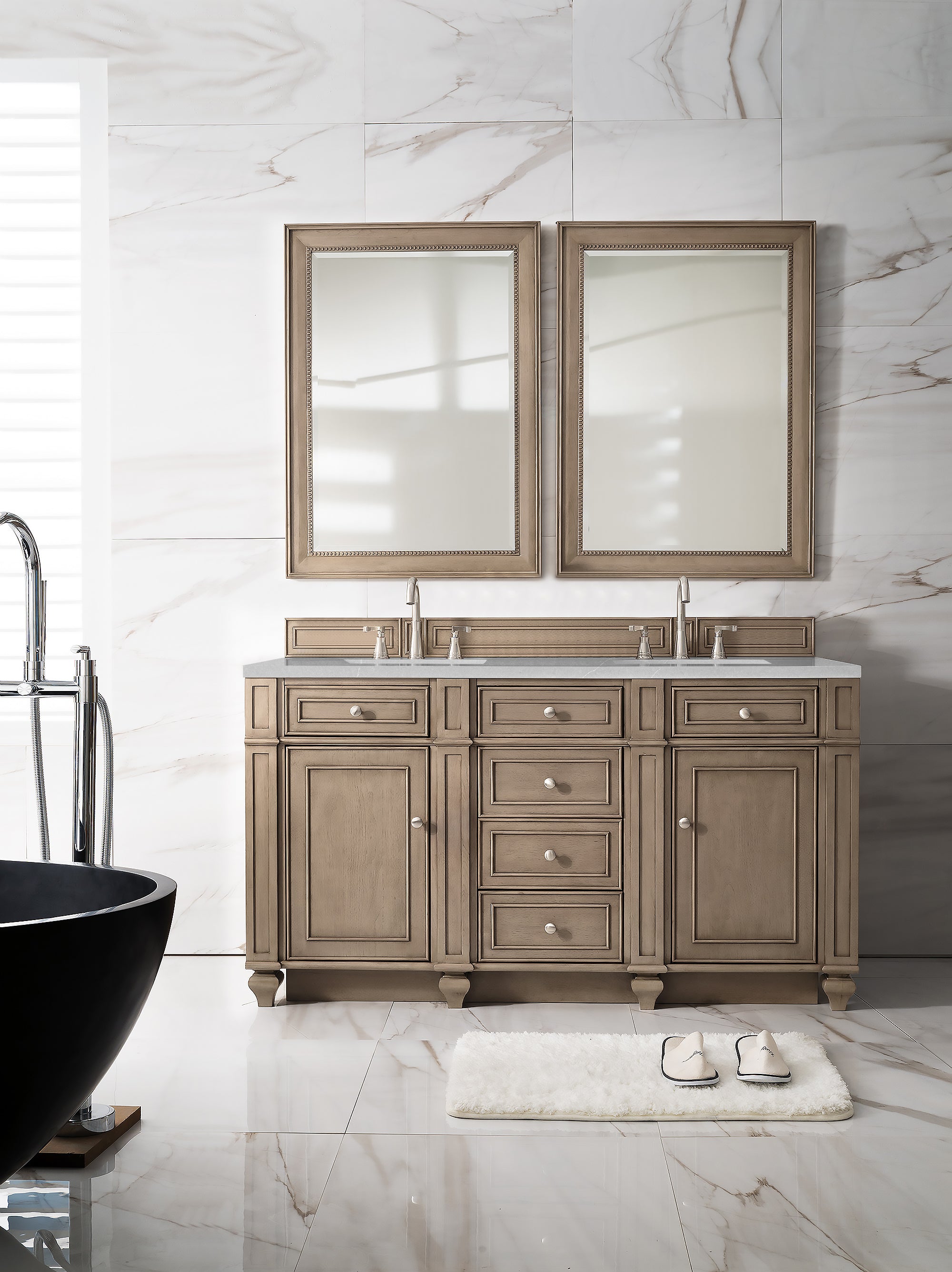 Bristol 60 Inch Double Bathroom Vanity with Whitewashed Walnut Finish & 3CM Eternal Serena Quartz Countertop - Perfect for Master Bathroom, Guest Bath, or Modern Home Renovation
