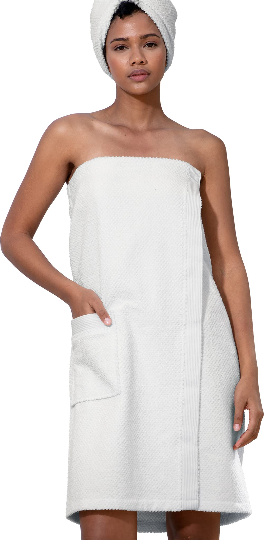 Premium 100% Turkish Cotton Women's Spa Wrap Towel - Soft Bath Towel with Adjustable Closure & Elegant Rice Weave Trim (Small/Medium, White) - Perfect for Home Spa, Beach & Yoga
