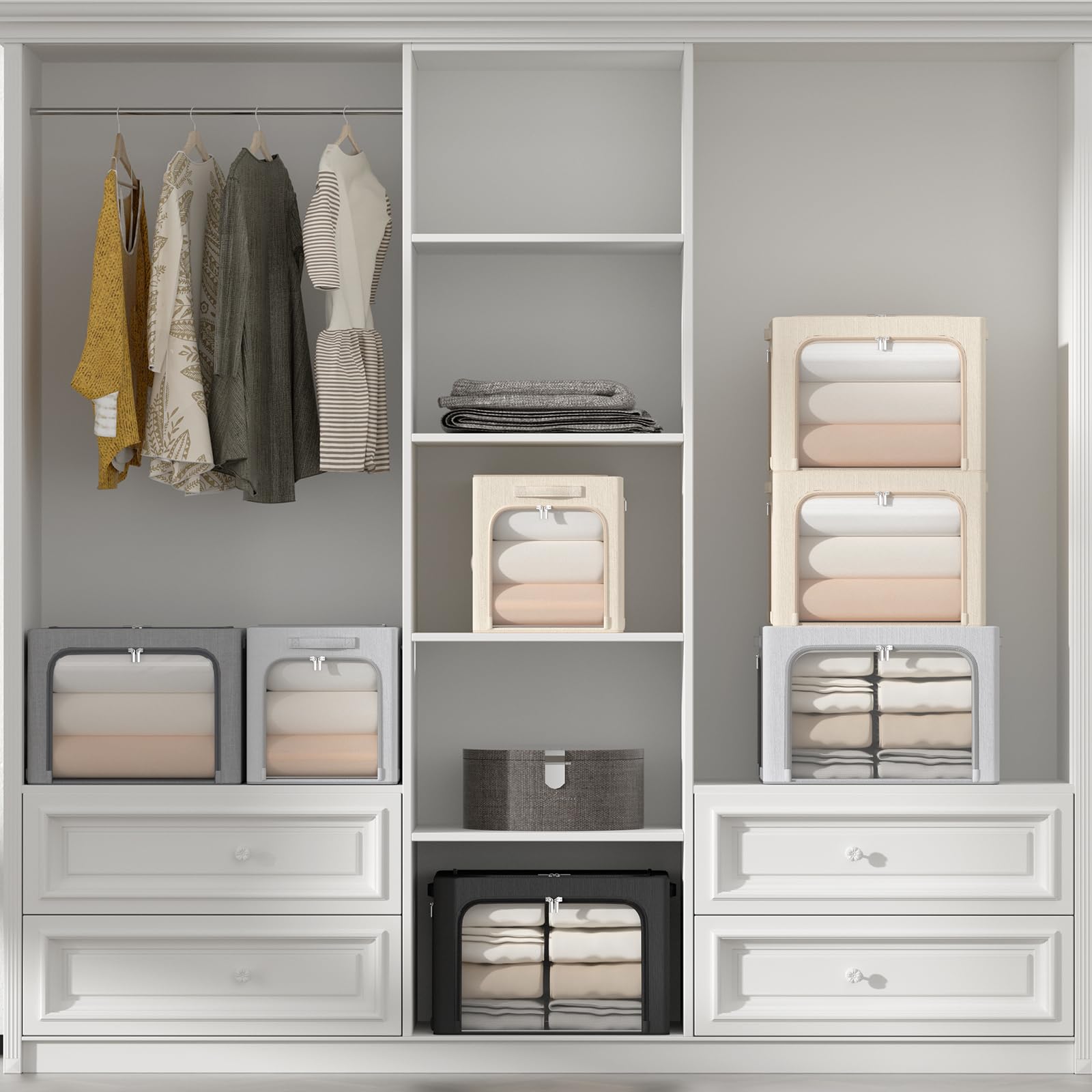 3-Pack Stackable Foldable Storage Bins with Clear Window & Carry Handles - 36L Metal Frame Clothing Organizer Box (15.7x11.8x11.8in, Beige) for Closet, Nursery, or Office Organization