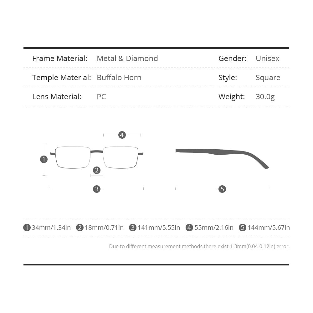Hepidem 100% Genuine Buffalo Horn Square Rimless Luxury Eyeglasses with Zircon Diamonds - Premium Reading Glasses for Men & Women, Perfect for Office, Driving, and Fashion Accessories