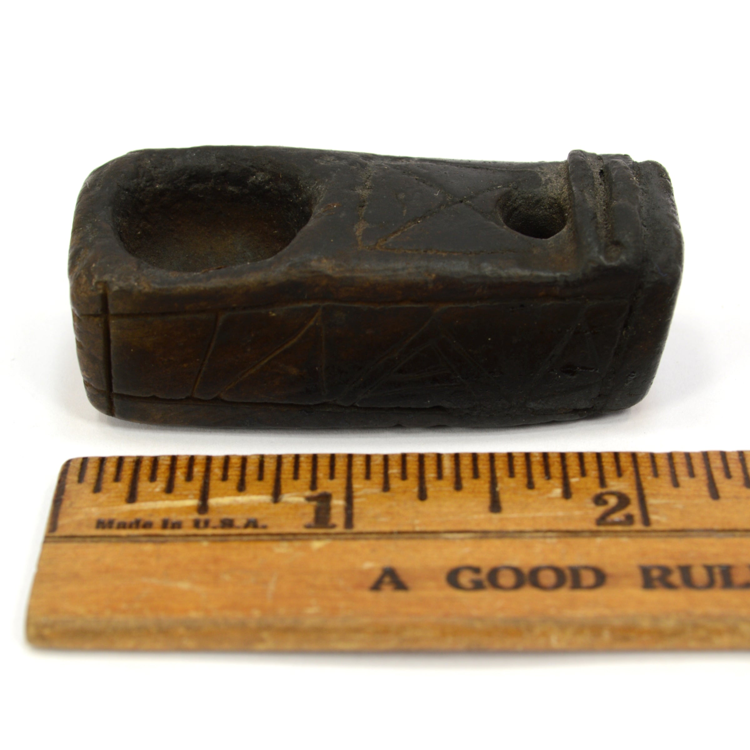 Ancient Steatite Smoking Pipe with Primitive Effigy & Intricate Incised Symbols - Unique Handcrafted Artifact for Collectors & Ritual Use