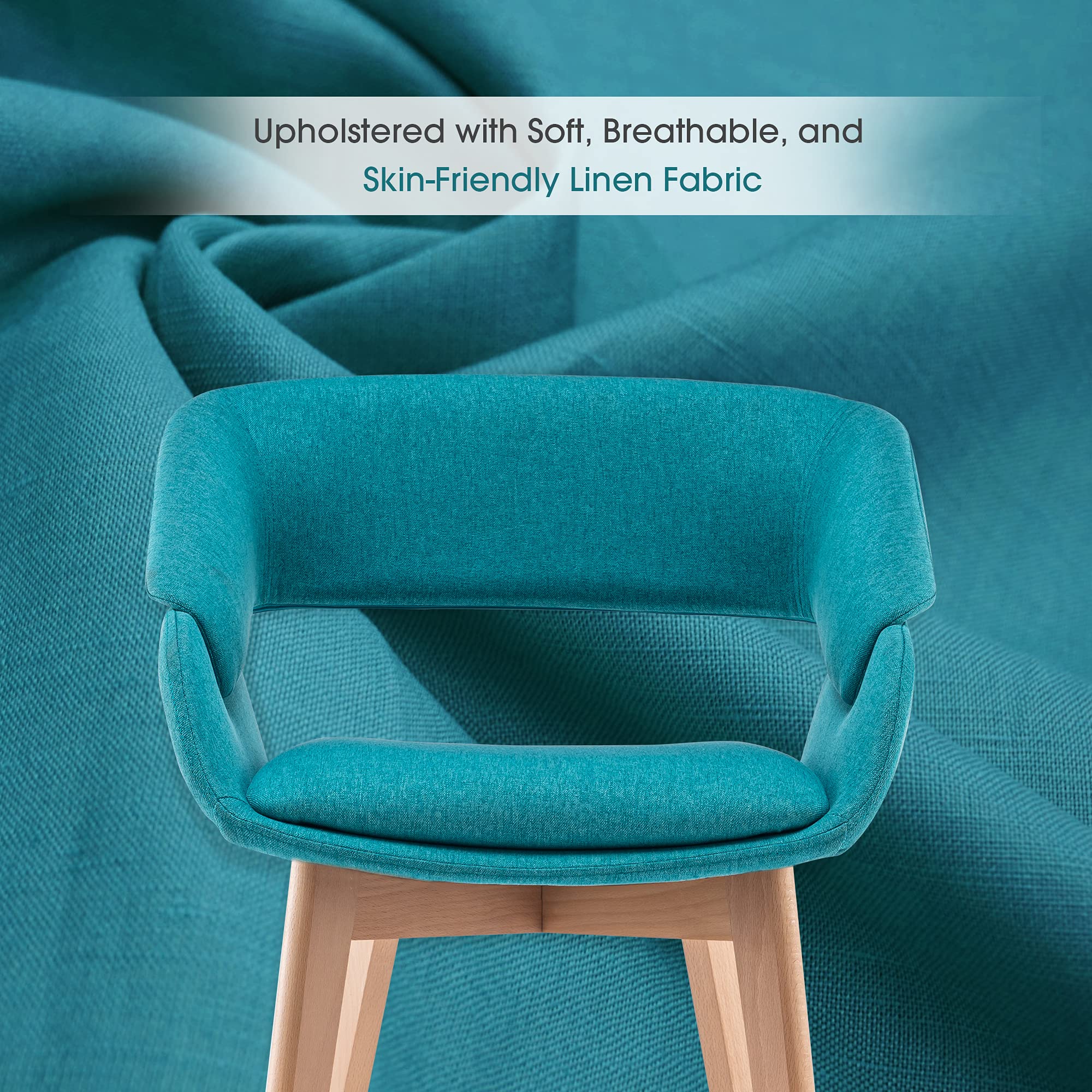 Mid-Century Modern Dining Chairs Set of 2 - Upholstered Accent Armchairs with Solid Wood Legs & Linen Fabric for Living Room, Dining Room, Guest Seating (Teal Blue with Cushions Included) - Perfect for Home Decor, Dinner Parties, and Cozy Reading Nooks