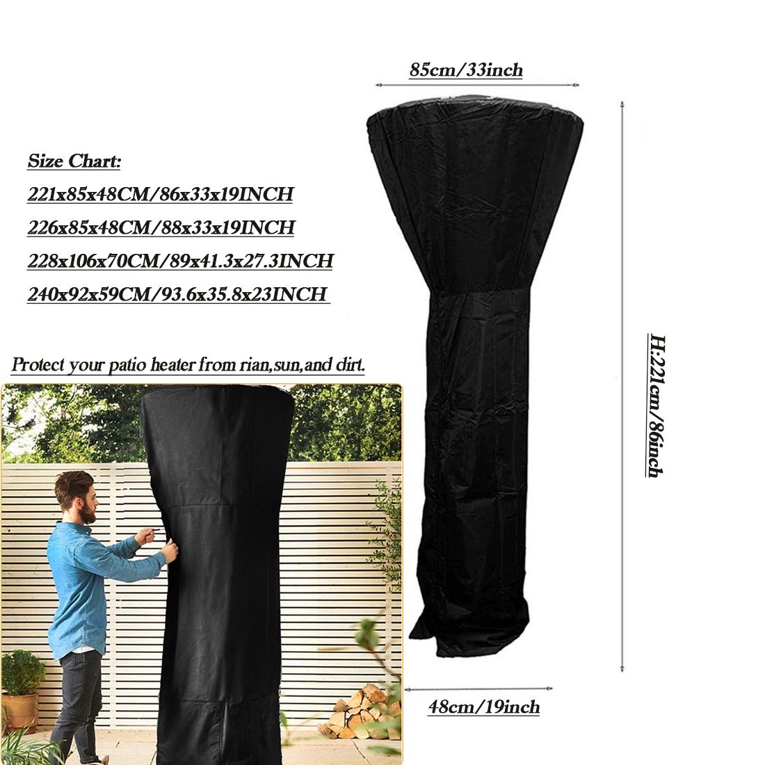 93Inch Black Waterproof Dustproof Patio Heater Cover with Zipper - Outdoor Flame Tower Protector for Garden, Veranda & Backyard - Heavy Duty Dome Heater Cover for All Weather Protection (Ideal for Winter Storage & Patio Furniture Protection)