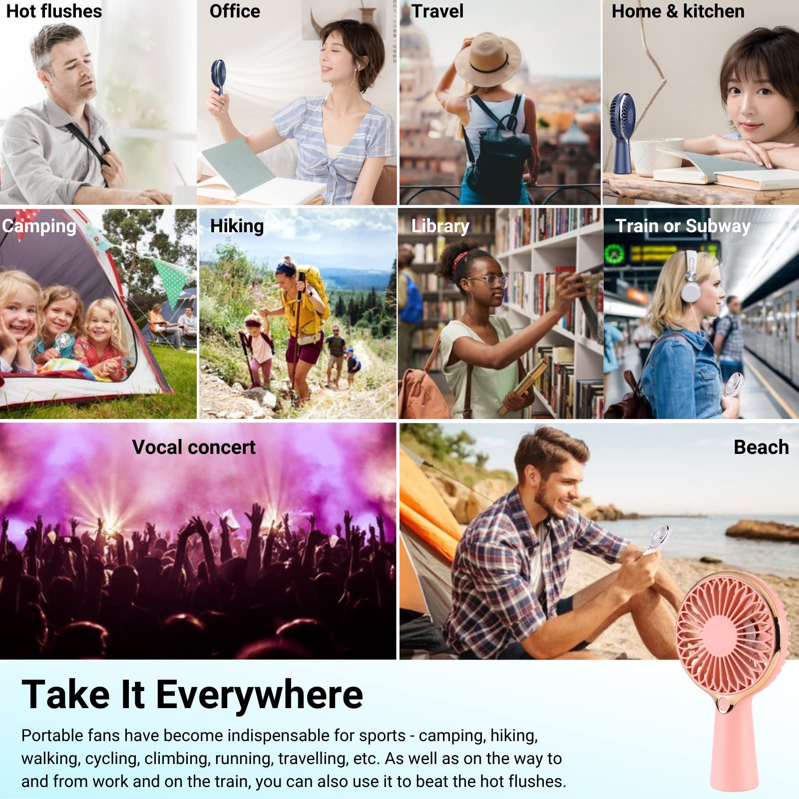 Portable USB Rechargeable Mini Handheld Fan - 3-6 Hours Battery Life, Personal Cooling Fan for Desk, Travel, Office & Outdoor Use | Perfect for Summer, Commuting, Camping and Home Comfort