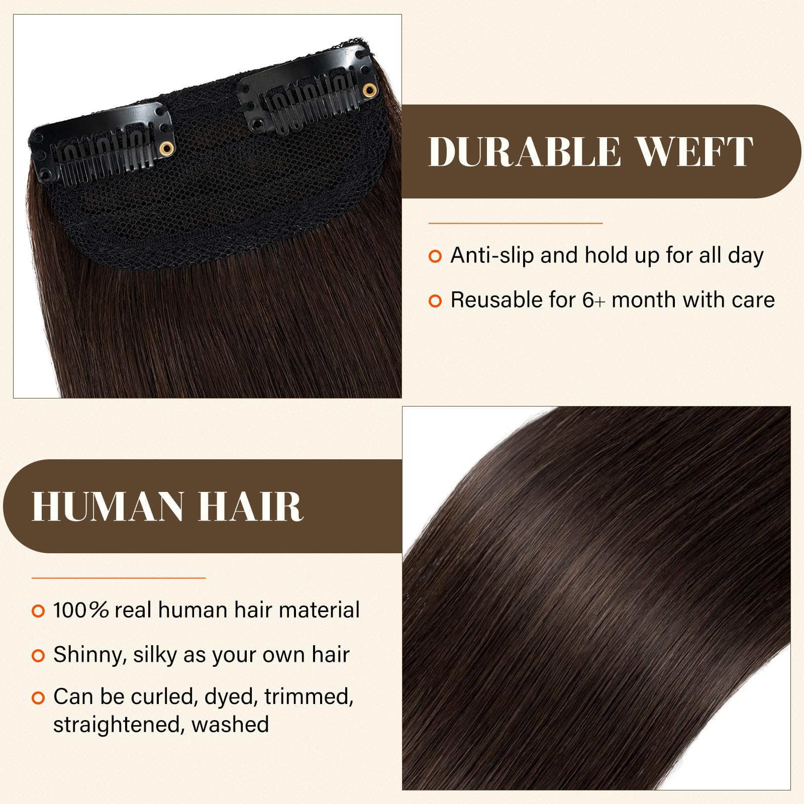 S-noilite Clip in Human Hair Extensions for Short Hair - 1PCS Remy Hair with 2 Clips, 6Inch Length, 10g Weight, Dark Brown - Add Volume & Thickness for Everyday Styling & Special Occasions
