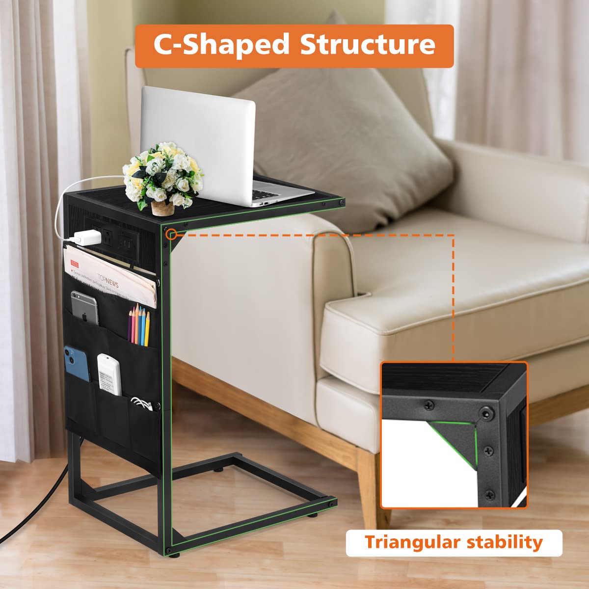 Set of 2 Modern C-Shaped End Tables with Built-in USB Charging Station - Snack Side Table, Sofa Sliding Table for Living Room & Bedroom - Space Saving Black Accent Furniture (Perfect for Small Spaces, Movie Nights & Remote Work)