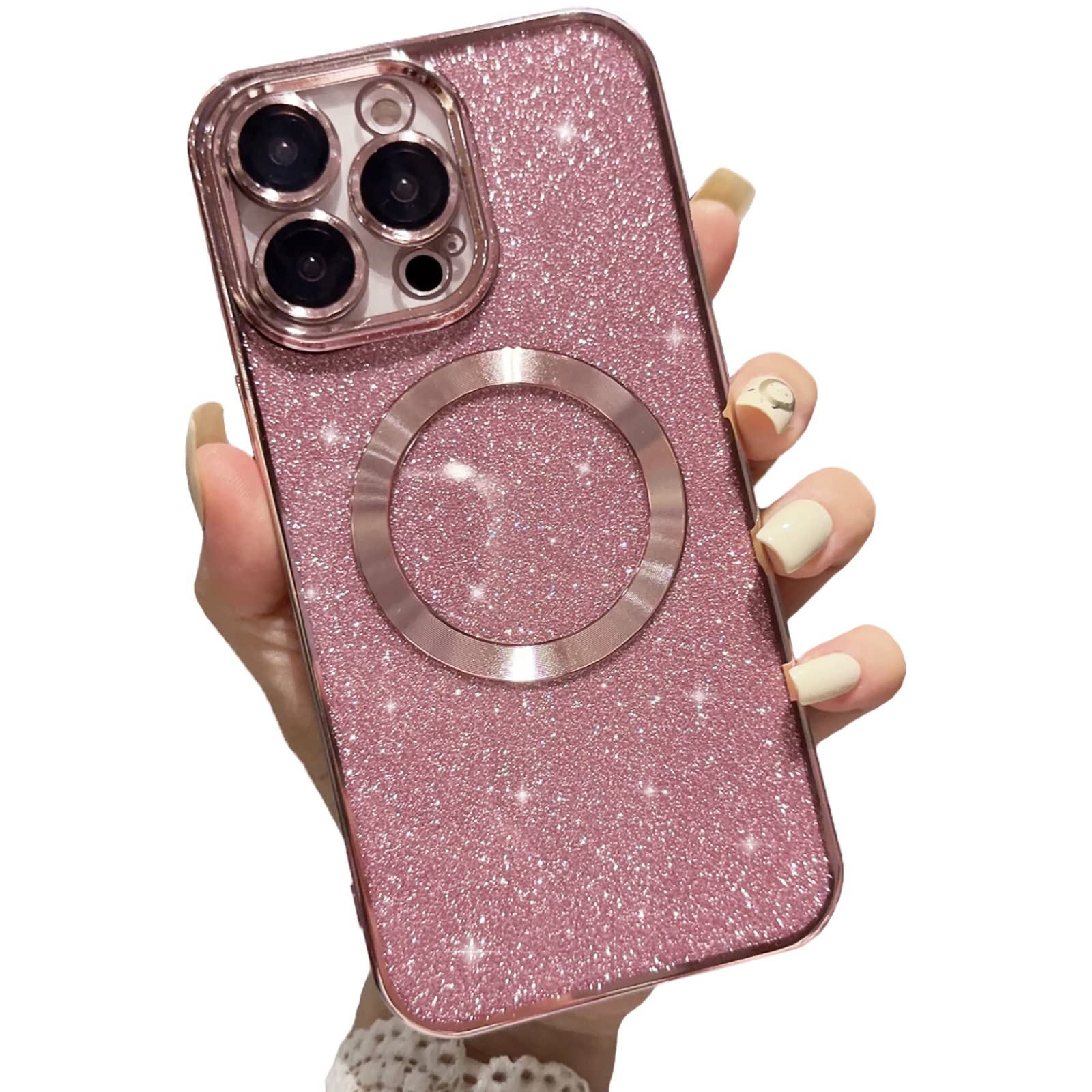 Aowner Magnetic Glitter Case for iPhone 15 Plus - Luxury Plating Bling with Camera Lens Protector | MagSafe Compatible Slim Thin Shockproof Protective Clear Phone Cover for Women & Girls | Perfect for Everyday Use, Parties & Gift Giving (Pink)