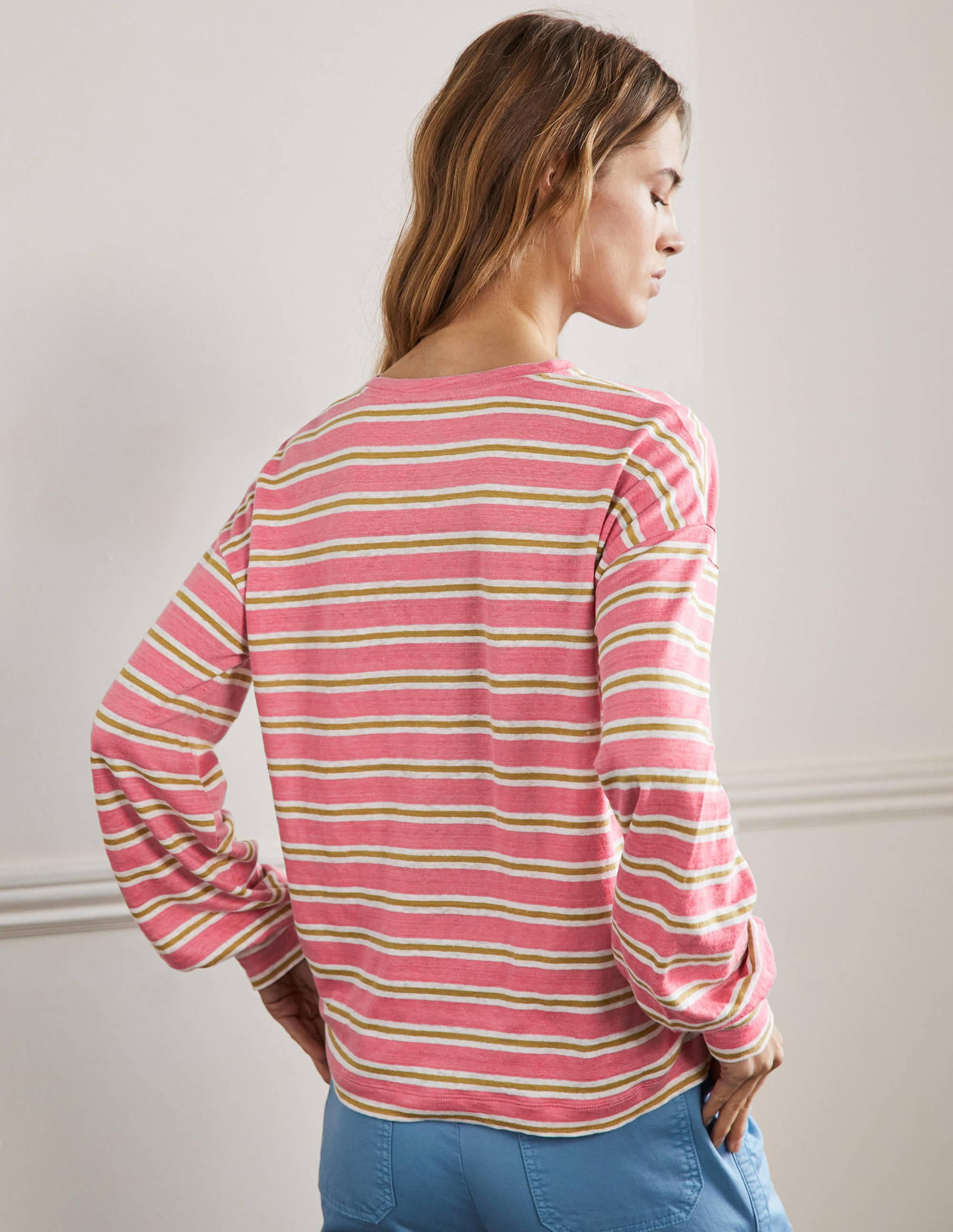 Stylish Linen Blouson Top in Posy Pink & Brioche Stripe - Perfect for Casual Outings & Summer Fashion