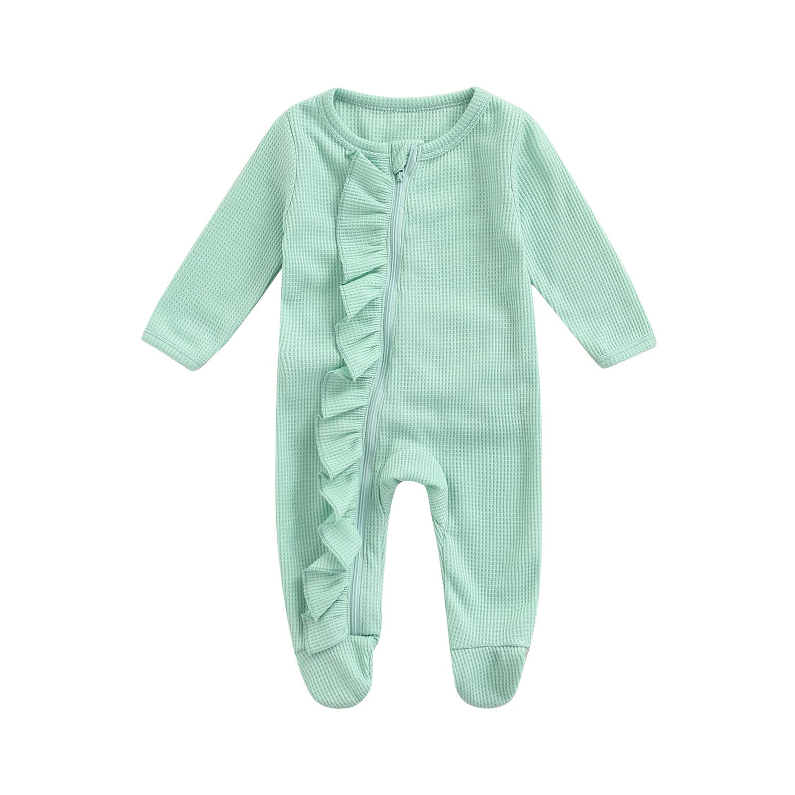 Newborn Baby Girl Waffle Knit Romper with Zipper & Ruffle - Soft Winter Footie Pajamas for Infants - Cozy Fall & Winter Sleepwear for Newborns