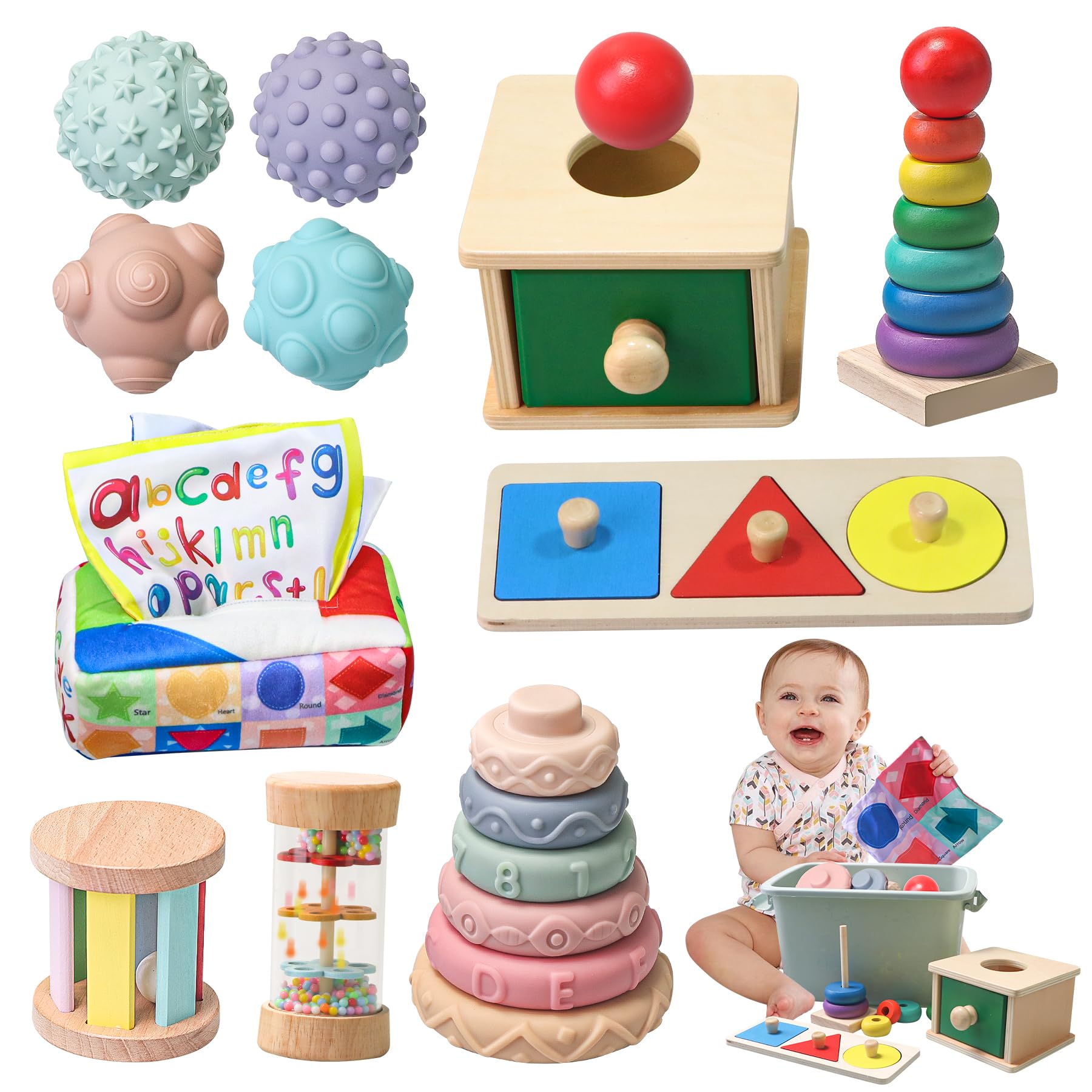 Montessori Wooden Sensory Toys for Babies 6-18 Months - 8 in 1 Educational Learning Set with Tissue Box Toy, Rainmaker & More - Perfect for Early Development, Daycare, and Home Play