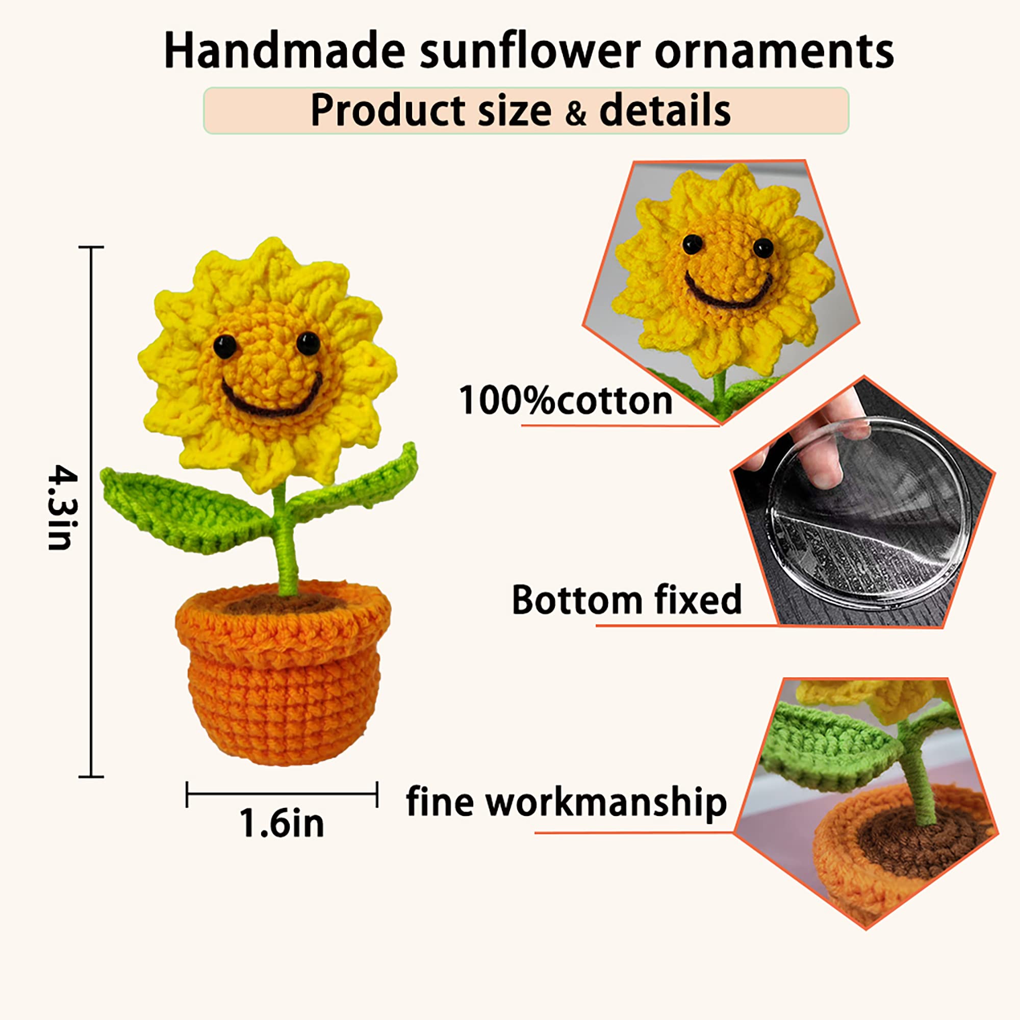Crochet Smiley Sunflower Car Dashboard Decor - Handmade Sunflower Bouquet for Women, Cute Girl Gift, Car Interior & Desk Ornament - Perfect for Home, Office, and Vehicle Decoration