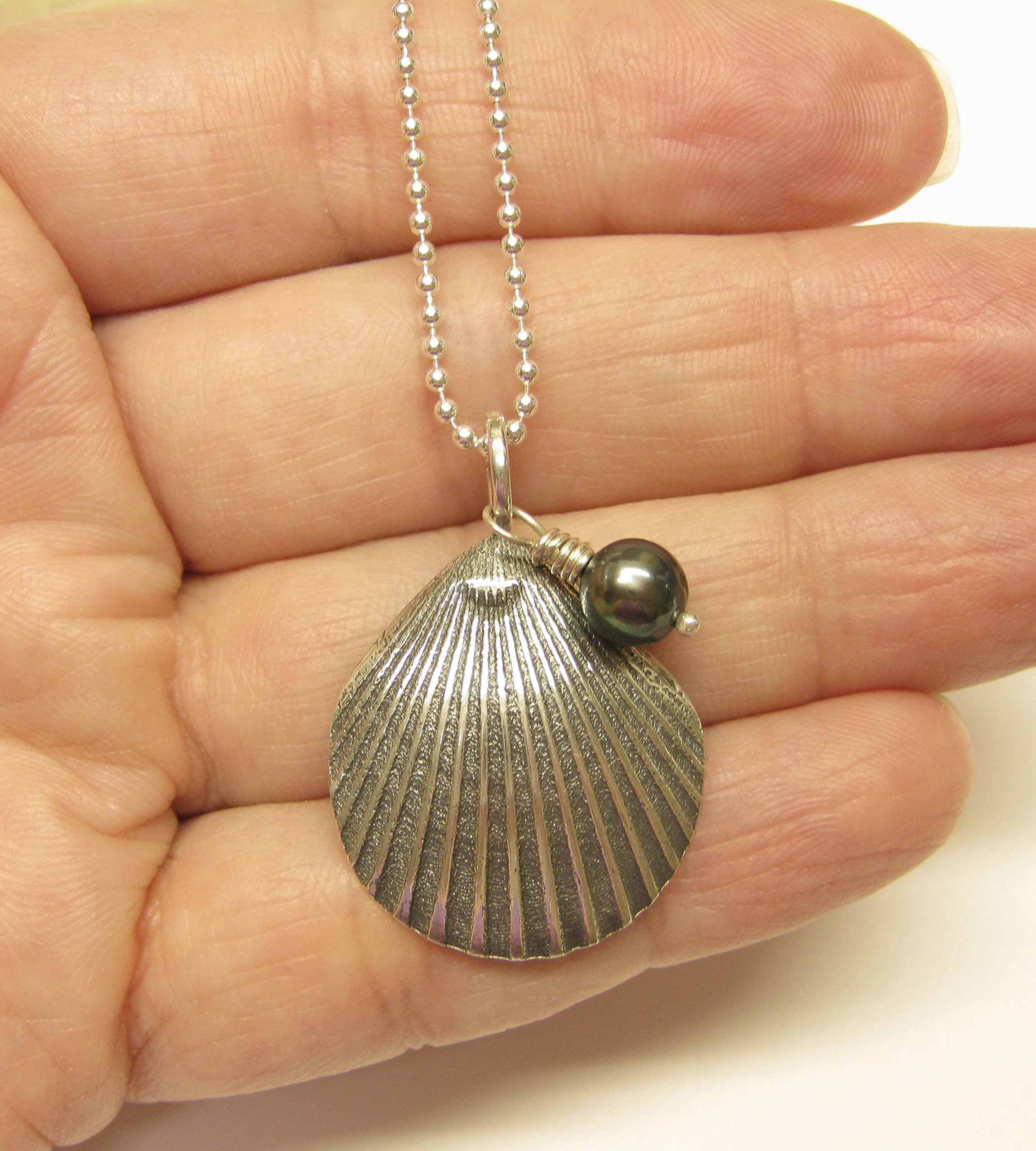 Sterling Silver Scallop Shell Necklace with Black Pearl Charm - Elegant Seashell Jewelry for Women | Perfect Beach Wedding, Vacation & Summer Accessories