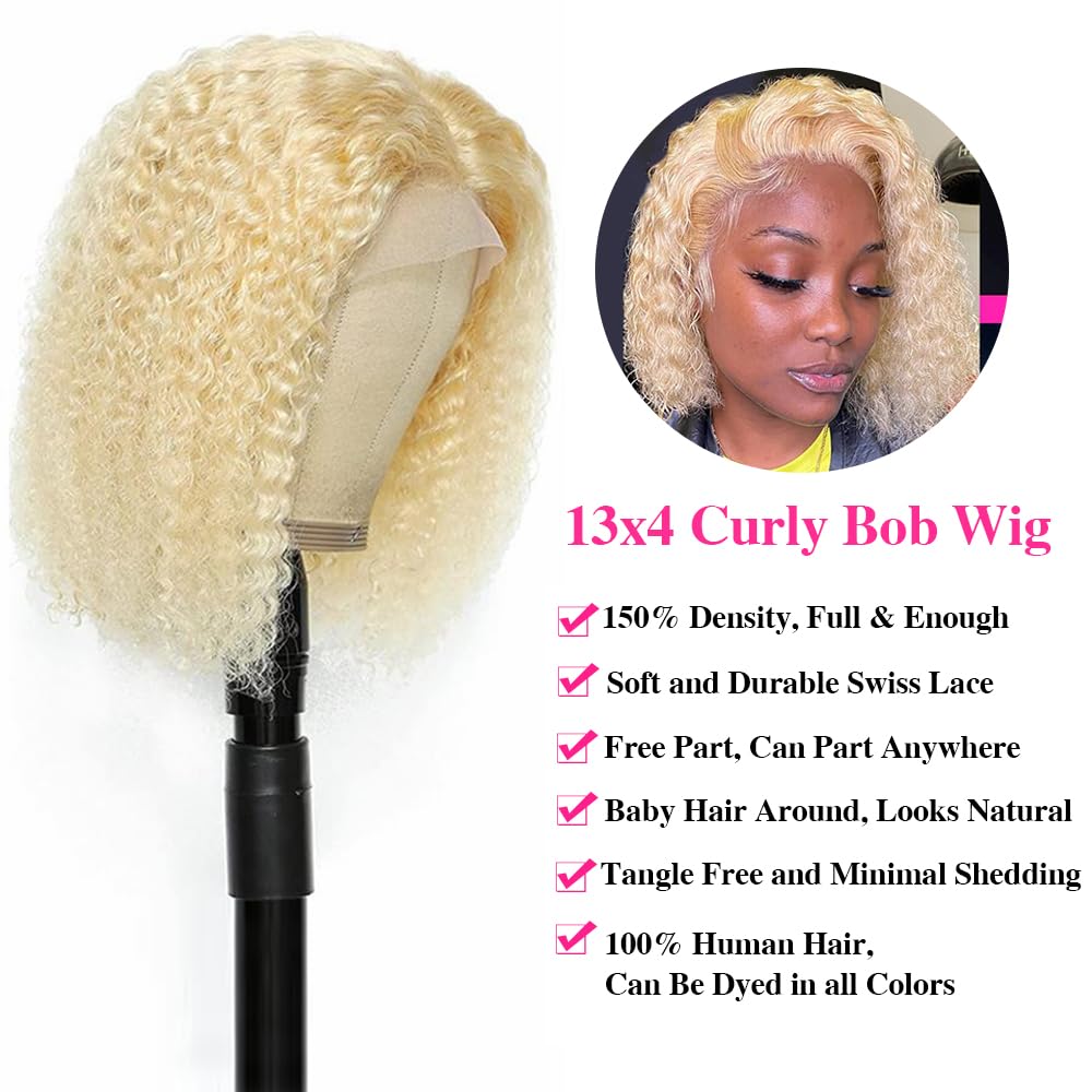 613 Blonde Bob Wig Human Hair 13x4 Lace Front Wig - Short Curly Bob Wigs for Black Women with Pre-Plucked Baby Hair & 180% Density (12 Inch) - Perfect for Cosplay, Daily Wear & Special Occasions