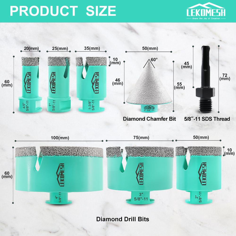 Premium Diamond Core Drill Bits Kit - 8pcs (20/25/35/50/75/100mm + 50mm Beveling Chamfer Bit + SDS Shank Adapter) for Porcelain Tile, Ceramic, Granite, Marble & Masonry Stone - Professional Hole Saw Kit for Bathroom Renovation, Kitchen Backsplash & Stone Countertop Installation