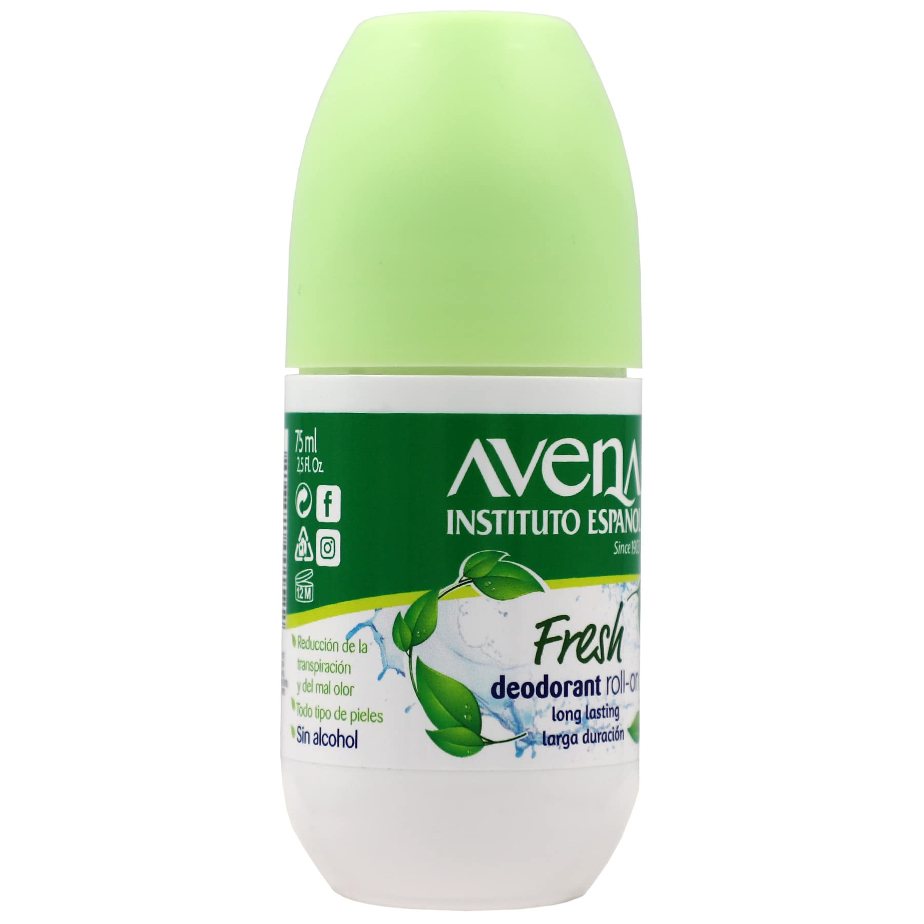 Avena Instituto Español Deodorant Roll-On - Fresh Scent, Long-Lasting Anti-Transpirant, Alcohol-Free, 2-Pack (2 x 2.53 Fl Oz) | Ideal for Daily Use, Gym & Travel