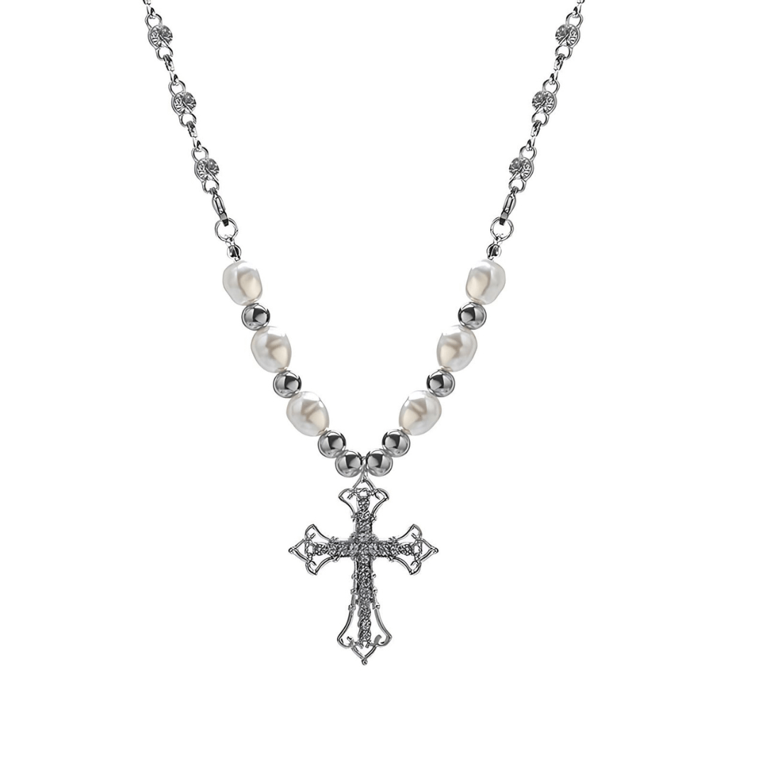 Chunky Silver Cross Necklace with Pearl Accents - Punk Style Jewelry for Women | HN2479 | Perfect for Gothic Fashion, Layering & Everyday Wear
