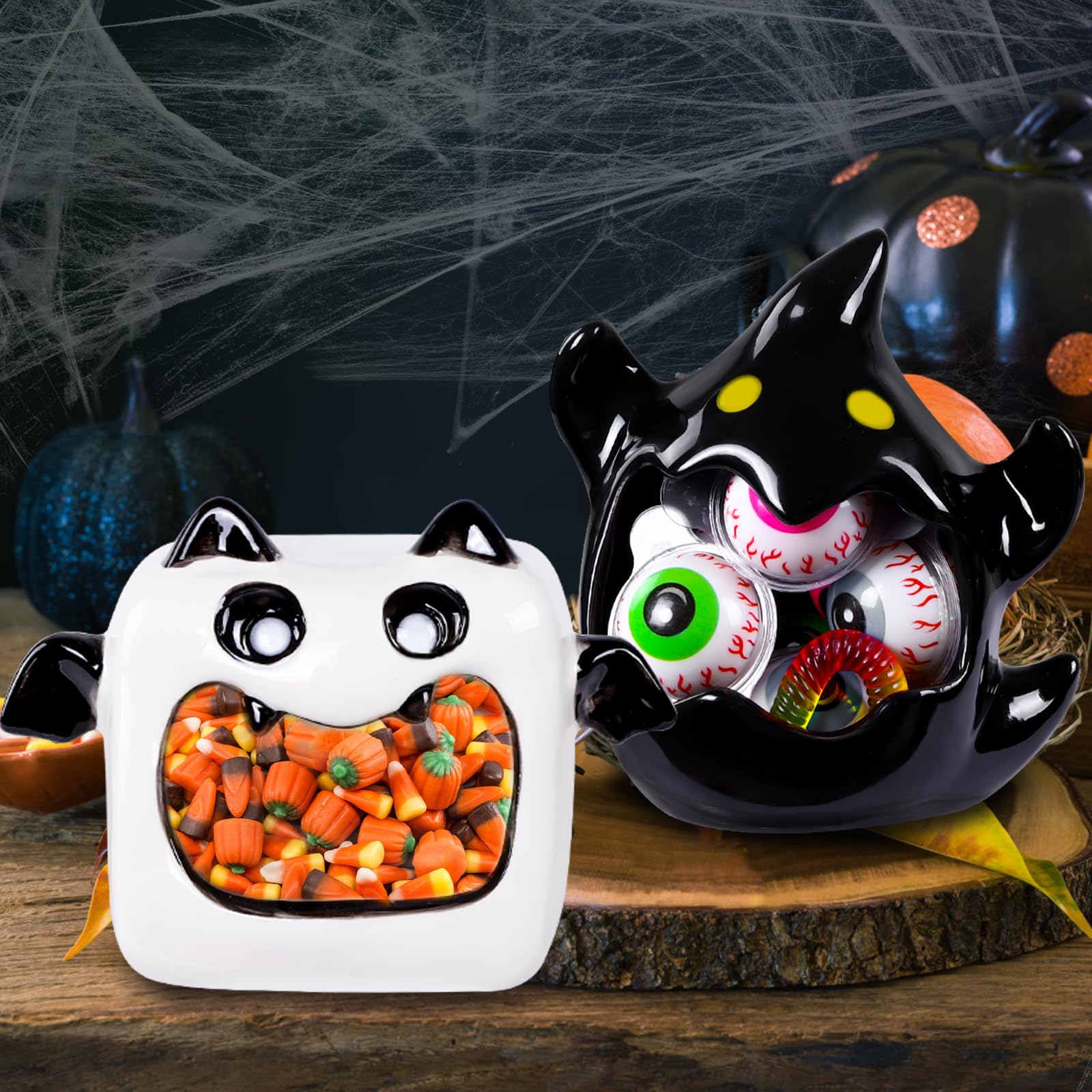 2-Pack Halloween Ghost Bat Ceramic Candy Bowls - Spooky Candy Dish & Candle Holder for Halloween Party Decor, Tiered Tray Ornament, Home Tableware Decorations - Perfect for Trick-or-Treat, Haunted House Parties & Fall Home Decor