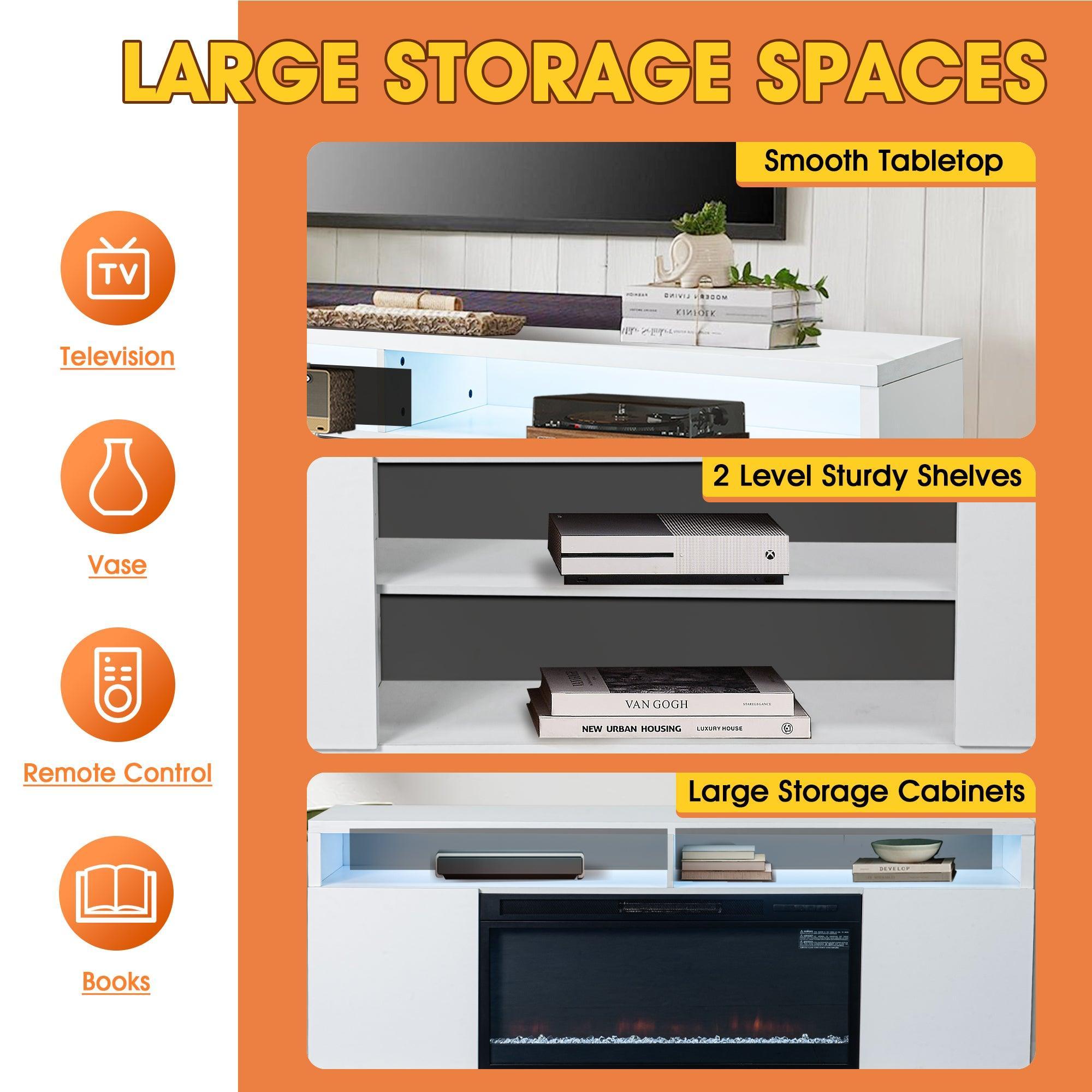 Modern 68-Inch LED TV Stand with 36-Inch Insert Opening & Electric Fireplace - Black or White - Perfect for Living Room Home Theater & Cozy Winter Nights